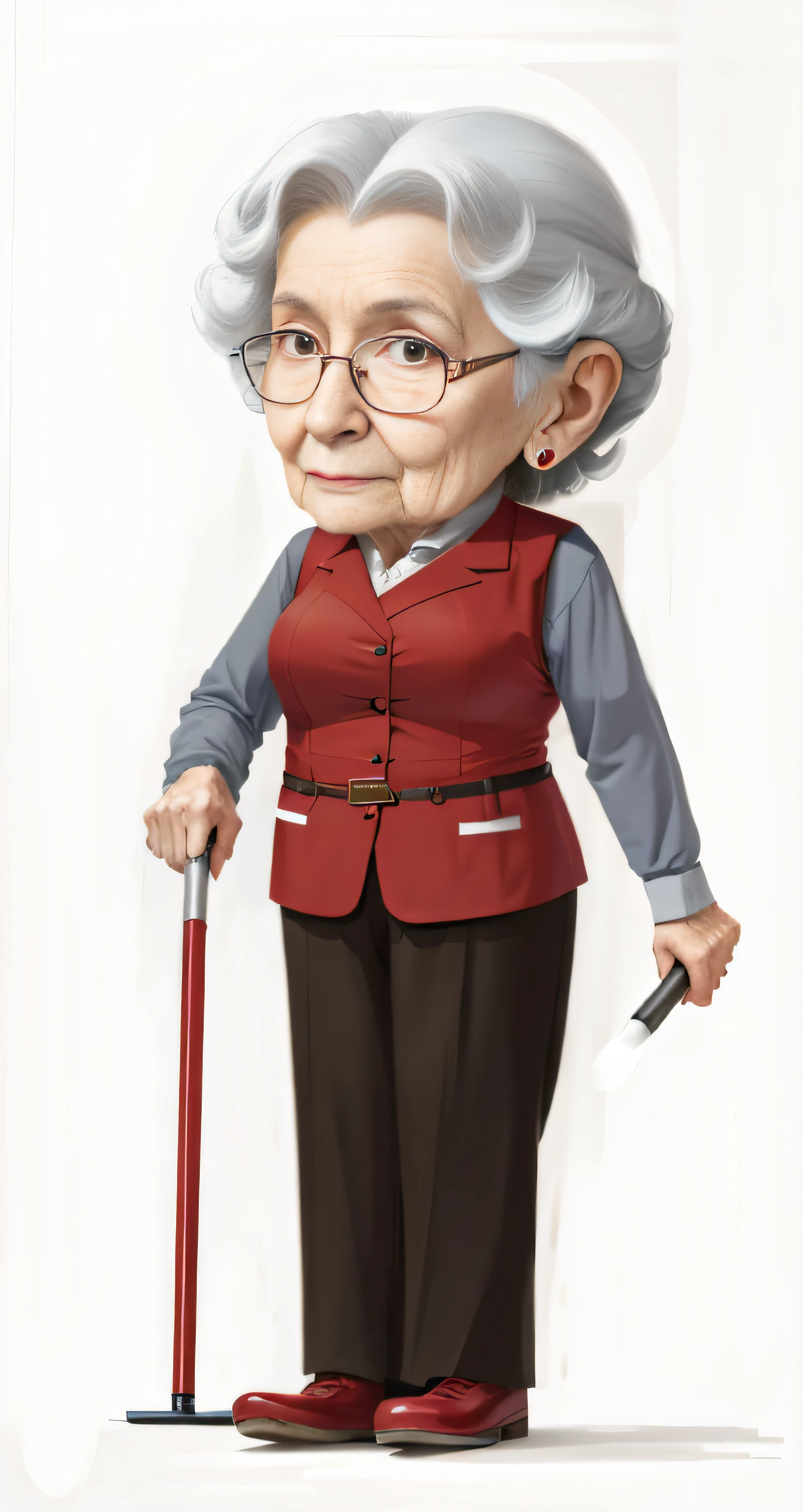 An old lady on crutches and a red vest