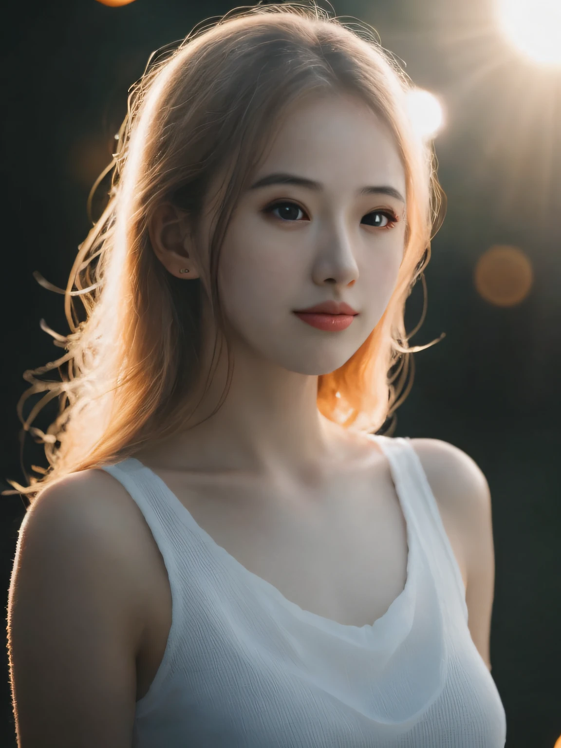 portrait photo of womans perfect skin, high quality photograph, bokeh, gobo lights, rim light, warm ambient light, volumetric light, depth of field, analog,