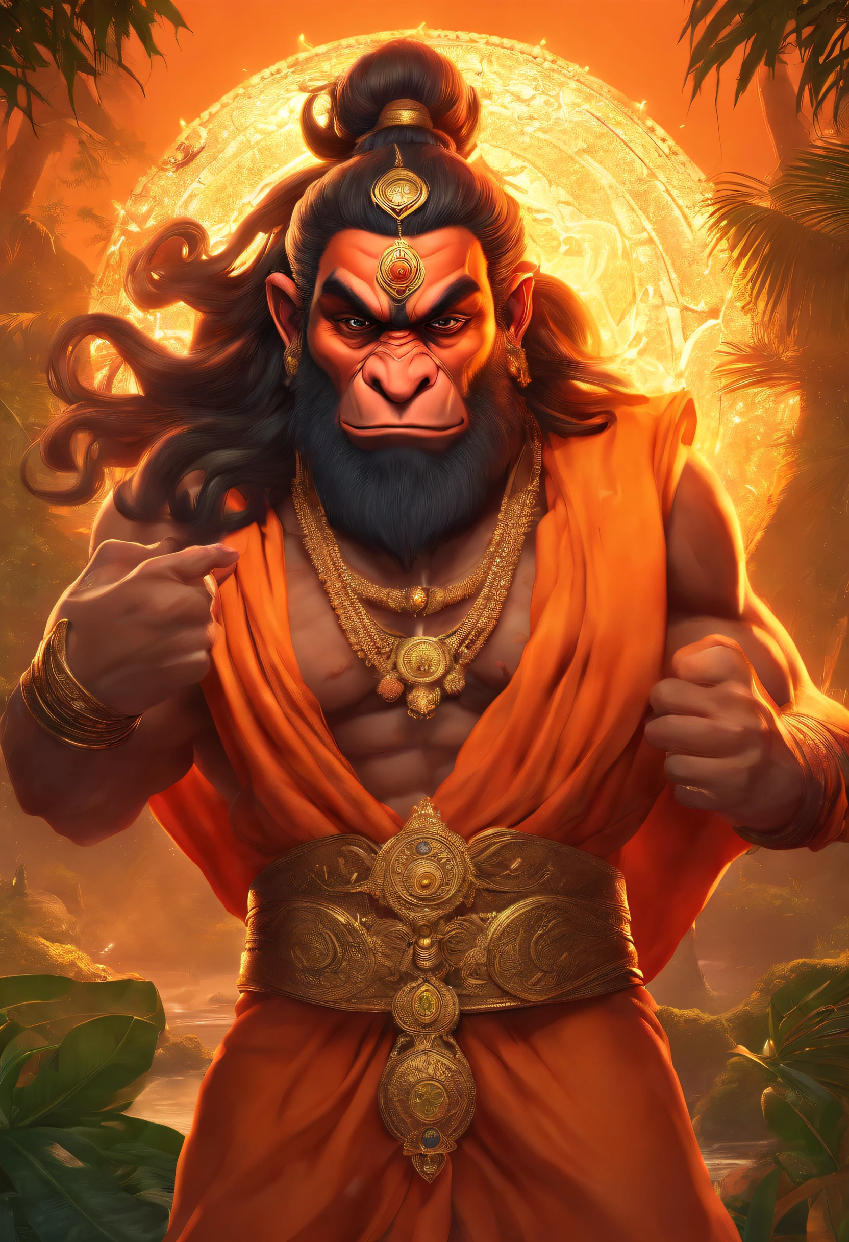 LORD HANUMAN ,A 35-year-old man who has a pig face, tiene una cola larga como un mono, Suitable super detailed eyes, Suitable super detailed hands, Suitable super detailed legs, Un dios indio, LORD HANUMAN, Cara de un mono , estatura moderada, tiene una gran cola, Fuego en el fondo, Fuertemente construido, pecho ancho, cintura estrecha, y de brazos largos, Gran Gada en su mano, en un bosque oscuro (Renderizado 3D profesional:1.3) por (realista:1.3) The most beautiful artistic image in the world, soft features, Dark-built male heroes , hindu god, Dios indio, ((Epic Hindu God , LORD HANUMAN, Fantasy Rough Muscular Man Wet Hero Wet Look Angry Long Hair Long Beard Slightly White and Fierce Expression in Dynamic Pose, with an orange robe, Dentro de una jungla, Luces encendidas en el fondo, Entorno majestuoso)), Renderizado de unidades 8K de cuerpo completo, action shot, poros de la piel, very dark lighting, sombreado pesado, Detallado, Cara detallada, (Vibrante, fotorrealista, realista , dramatic, oscuro, foco nítido, 8k), (Orange cloths with heavy jewels R:1.4), (intrincado:1.4), podrido, (Altamente detallado:1.4), Pintura digital, Renderizado por Octane, Estaciones de arte, Concepto-Arte, Suave, foco nítido, illustration, germen del arte, (loish:0.23), WLOP Ilya Kuvshinov, y Greg Rutkowski y Alphonse Mucha gracias, (global ilumination, Studiolight, Light Volumetric ), fuertes lluvias, particles floating, scoundrel, fantasy, Once, cuerpo completosbian, ((Fondo oscuro de la jungla:1.3)),CGSesociedade,Estaciones de arte