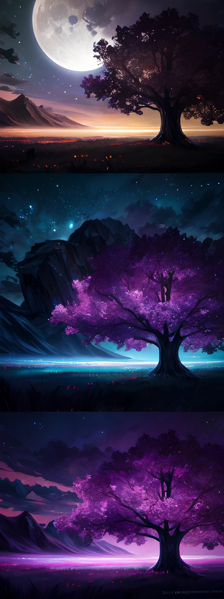 Expansive landscape photograph,(look from down,Above is the sky,Below are open fields),The wizard stands on a field of flowers,looking away up。,sky-high tower,(moon full:1.2),(meteors:0.9),(Starcloud:1.3),Far Mountain, Tree BREAK making art,(Warm light source:1.2),(glowworm:1.2),lamp lights,Lots of purple and orange,Complicated details,Volumetriclighting,Realism BREAK(tmasterpiece:1.2),(best qualtiy),4K,Ultra-detailed,(dynamic compositions:1.4),The is very detailed,Colorful details,(Irridescent color:1.2),(luminouslighting,Atmospheric lighting),dream magical,magical,(独奏:1.2)