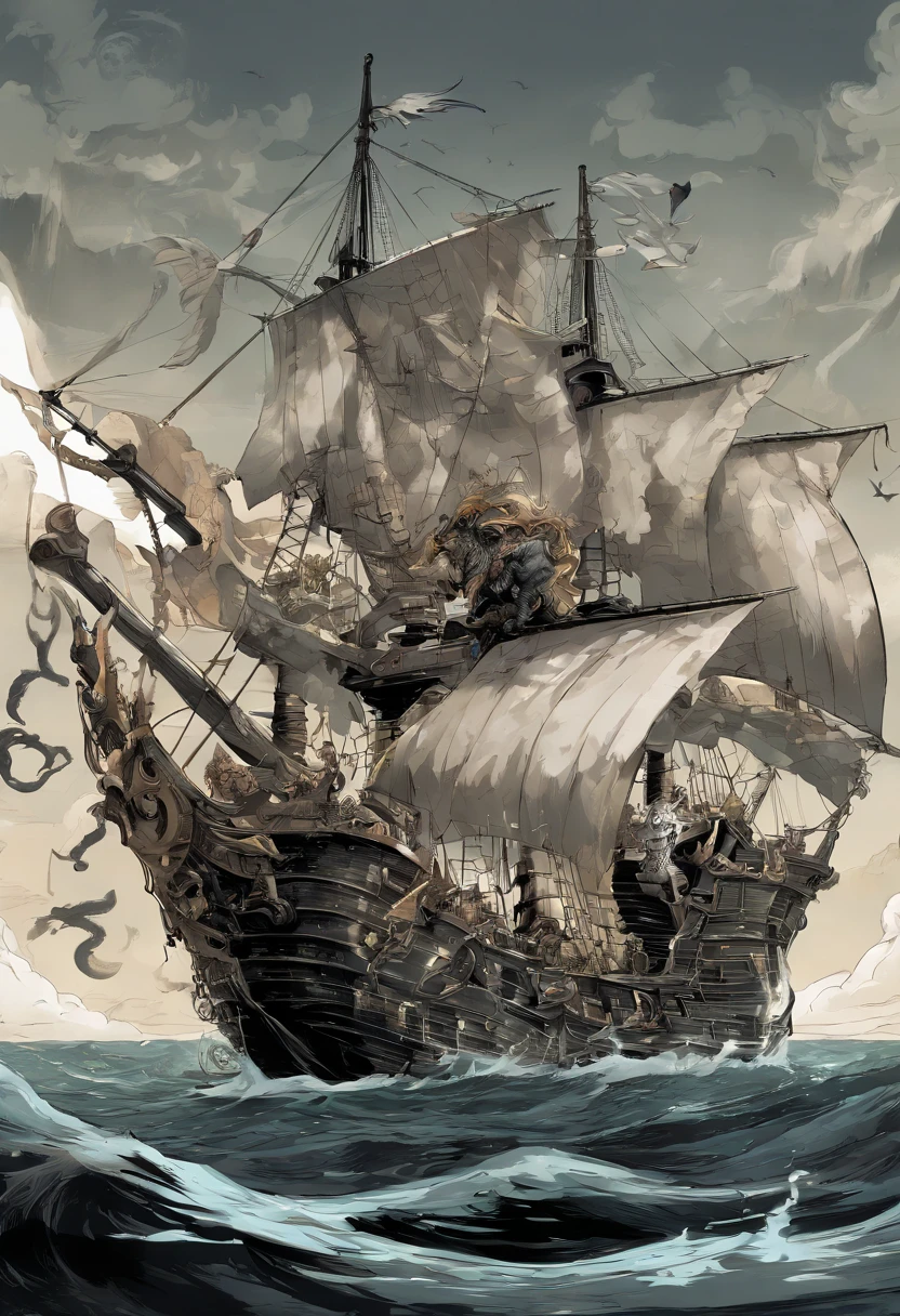 A silver pirate dragon stands imposingly on the deck of a privateer ship, con escamas plateadas que brillan bajo el sol. Su figura es majestuosa y temible, con cuernos curvados y afilados como espadas que adornan su cabeza. En su espalda, ondea una bandera negra con calaveras y huesos cruzados, symbol of his pirate audacity.
El barco en el que se encuentra es una nave formidable, equipped with cannons and black sails that wave loudly. The deck boards are worn by the action of the sea and time, But the pirate dragon stands firm and defiant..
Frente a ellos, A legion of enemy dragons looms on the horizon. Enemy dragons are of various colors and sizes, cada uno con su propio aliento mortal, ya sea fuego, rayos o veneno. Se acercan con ferocidad, rugiendo y lanzando llamas al cielo.
in the depths of the ocean, emerge un kraken colosal, Its giant tentacles rise from the turbulent waters. Sus ojos son como dos faros oscuros y amenazantes que brillan con hambre. The kraken is ready to attack and drag the pirate ship and its crew into the abyss.
The battle is about to begin. The silver pirate dragon stands on the deck, Roaring with determination as he prepares his ice breath. The crew clings to weapons and prepares for the fight, knowing that this sea battle will be a test of courage and skill. The scene is full of tension and emotion, With the fate of the pirate ship hanging in the balance as it faces dragons and a Kraken in an epic fight in the vast ocean.