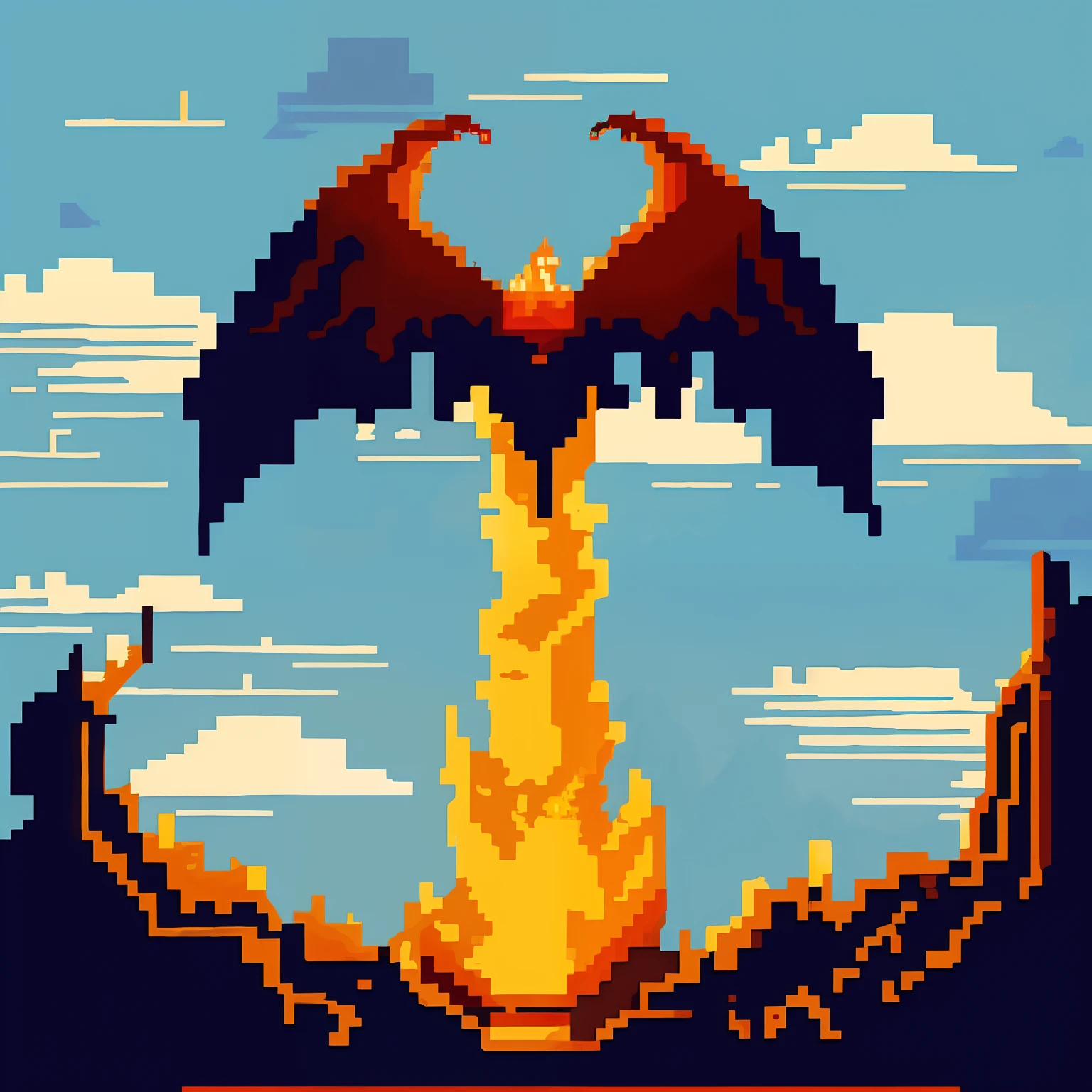 blue night sky, 16 bit, pixelart, dragon, fire, volcano, heat, deamon, big wings