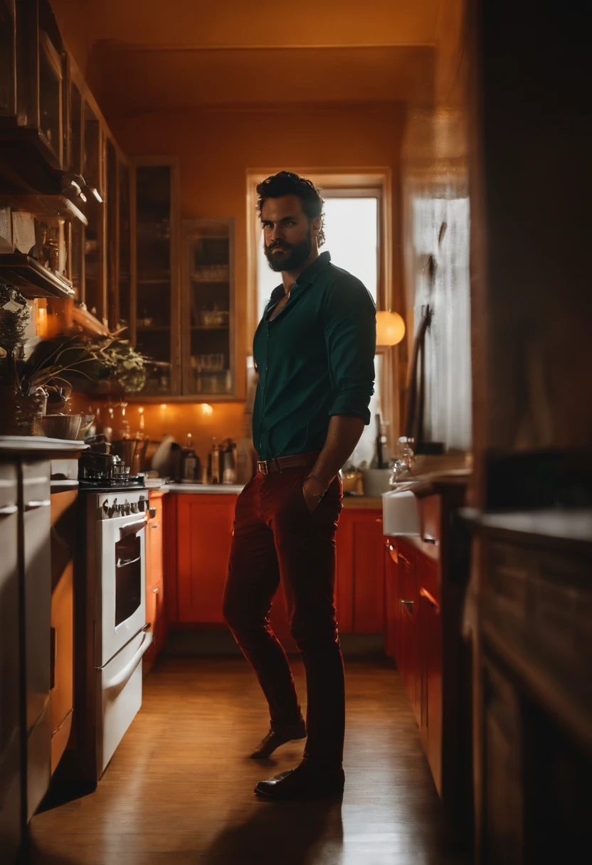 Homem loiro sem blusa, corpo normal. In the setting of a kitchen at night.