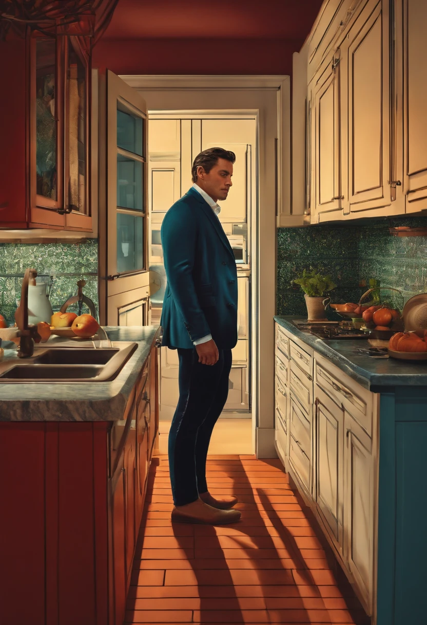 Homem loiro sem blusa, corpo normal. In the setting of a kitchen at night.