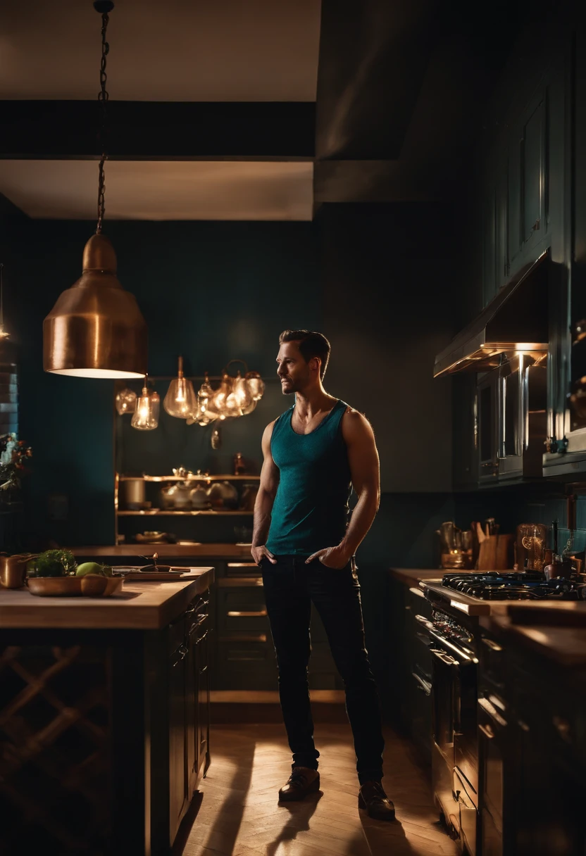 Homem loiro sem blusa, corpo normal. In the setting of a kitchen at night.