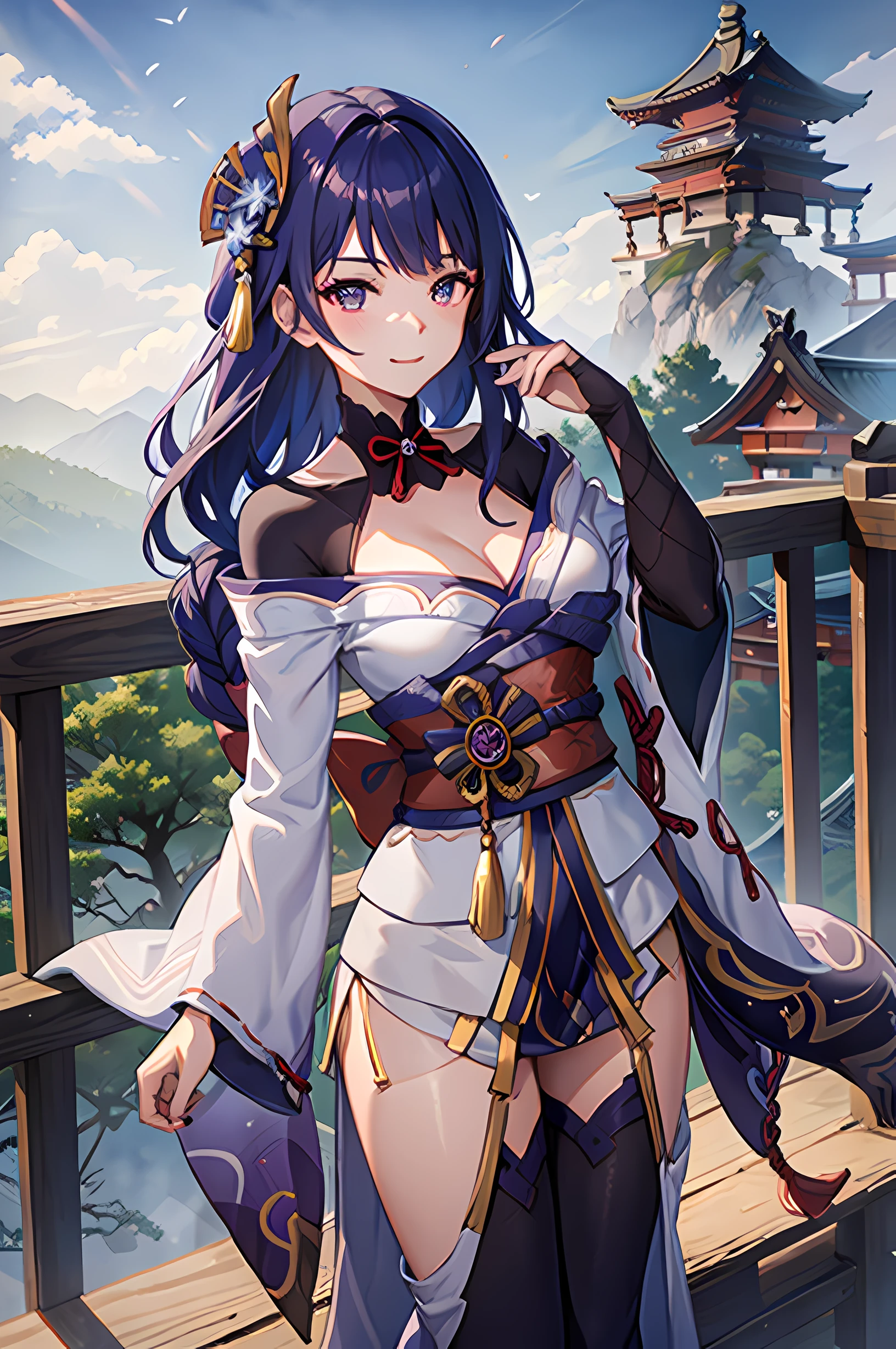 aidenshogundef, long hair, smile, looking at viewer, mountain, sky, tample, simple background, moody lighting, cute face, masterpiece, better quality, blush, outdoor
