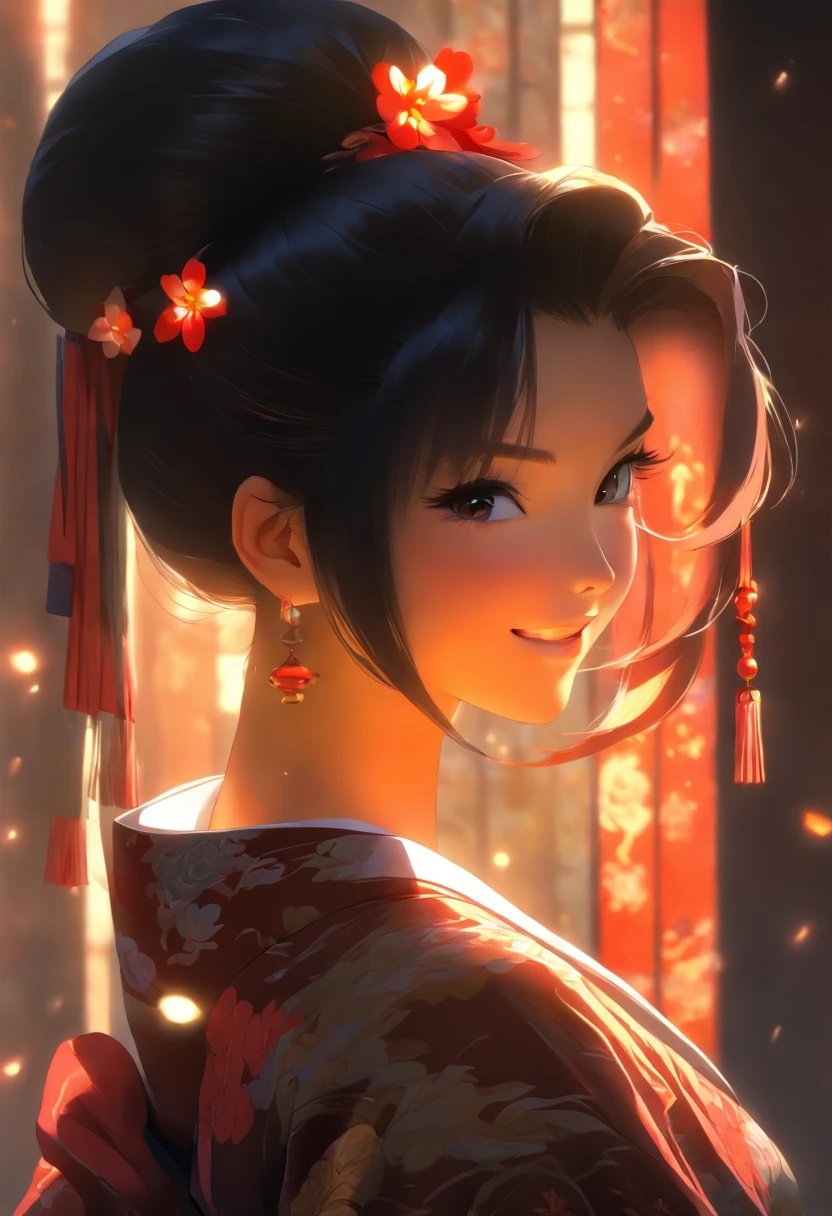 Black hair, hime-cut, Long hair, Expressive hair, Hairline,black kimono, Seductive smile, anime big breast, Anime style, Chiaroscuro, back lit lighting, From the side Side, Lens flare, Best quality, Award-Awarded, Super detail, High details, High quality, ccurate, Anatomically correct,exquisite facial features,HighestQuali,Royal sister face