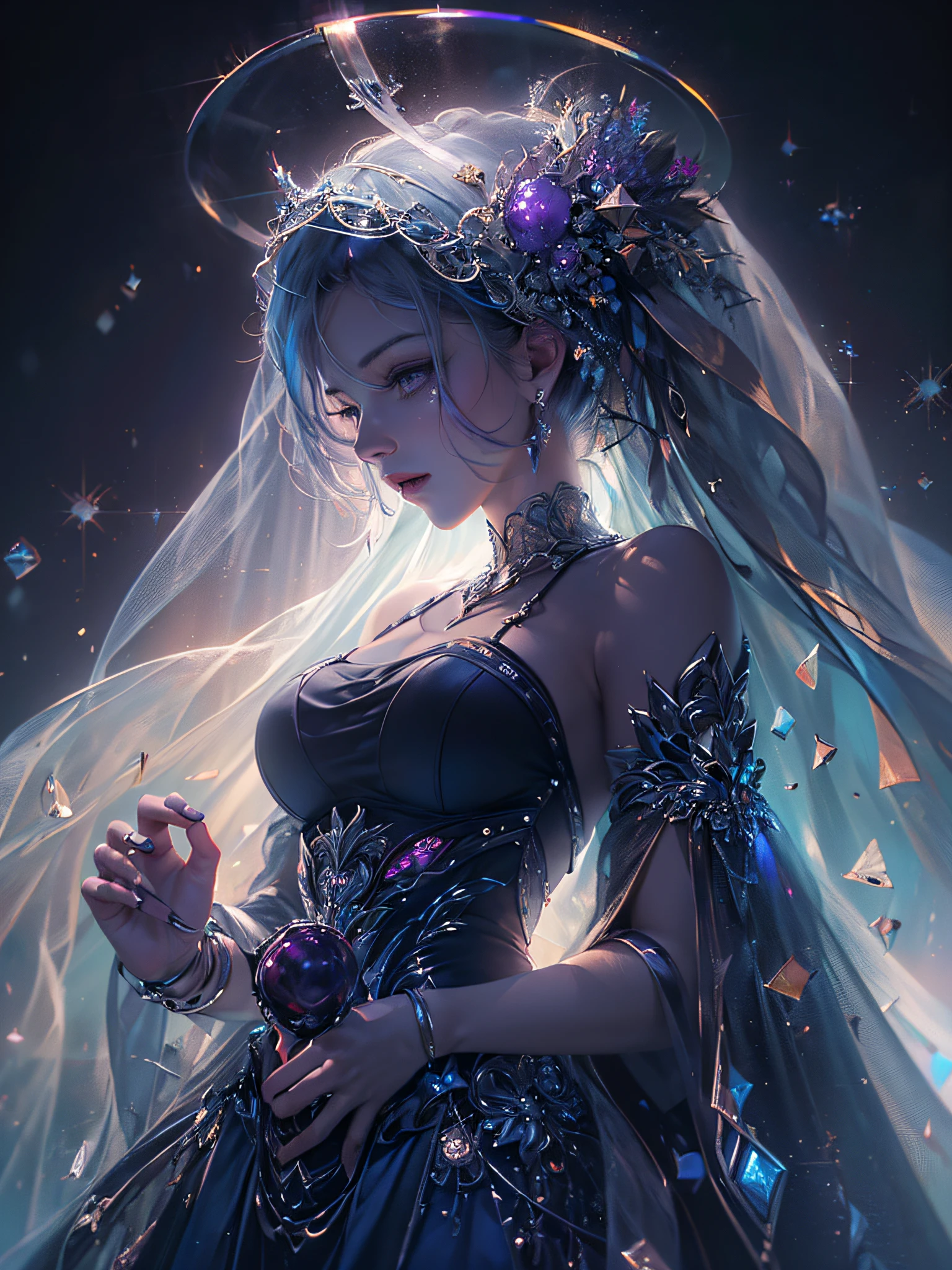 (a beautiful woman in a see-through navy dress:1.3),(veil of light, Veil with light particle effect:1.2), (fractal art:1.2) , (dynamic angle), (black and purple background, darkness, rainbow-colored aura floating in the darkness:1.3), (shiny skin), elegant, realistic style with fantasy elements , charming realistic characters, Surrealism,(official art, unity 8k wallpaper, ultra detailed, beautiful and aesthetic, masterpiece ,best quality, photorealistic:1.3),