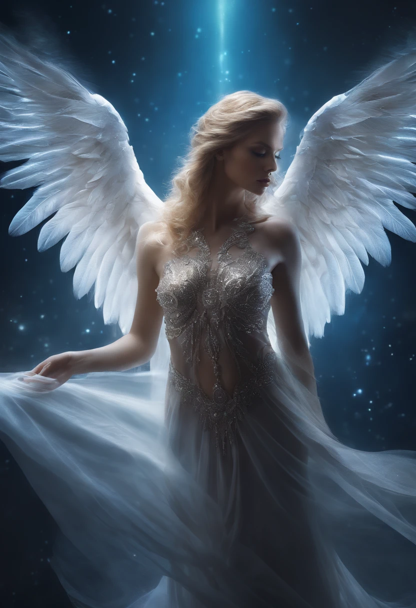 cosmic fallen angel, olhos claros brilhantes, Biomechanicals, estranho, assustador, Pesadelo, cores muito brilhantes, light particles, com luz brilhante, Mshiff, Arte do papel de parede, Papel de parede UHD