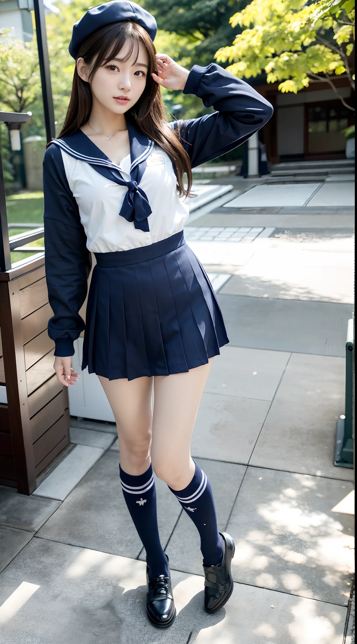 mix4, (16 K, Raw photography, Top image quality, masterpiece: 1.45), (realisitic, Photorealsitic: 1.37), one girls, 7.5, etc、Random hairstyle、Standing figure,Noon time slot、a very cute,a park,, profetional lighting, photon maping、physically-based renderingt, Gradient dark brown hair,, a handsome, Well-groomed and beautiful eyes、Large double eyelids、Very shiny、girl with, (((student clothes、Winter clothes、Sailor suit worn by Japan girl、Navy blue sailor color、scarf、a miniskirt, Small beret、high socks、lowfers))), Top Quality Photos, hight resolution, 1080p, (clearface), (Detailed face description), (Detailed hand description), (masterpiece), (Exquisite CG)、extreme light and shadows、dishevled hair、master work、abundant detail、(Fine facial features)、(top quality photo)、(masuter piece)、(A detailed eye)、Look in front of you、Fine clavicle、((Slender big))、(((Japan schooln sailor suit)))、((Ready Idol System))、((a park、Slide、The fountain、seesaw))、(Shooting from random perspectives)、(((neat and cute)))、耳Nipple Ring、A big smile、Drawing the whole body from the knees、Do not draw nasolabial folds、(((Cute sailor suit)))、(Big breasts that hang down big:1.2)、Big buttocks with tension、Two arms and two legs、(((from the front side:0.2)))、bare hand、No mask、