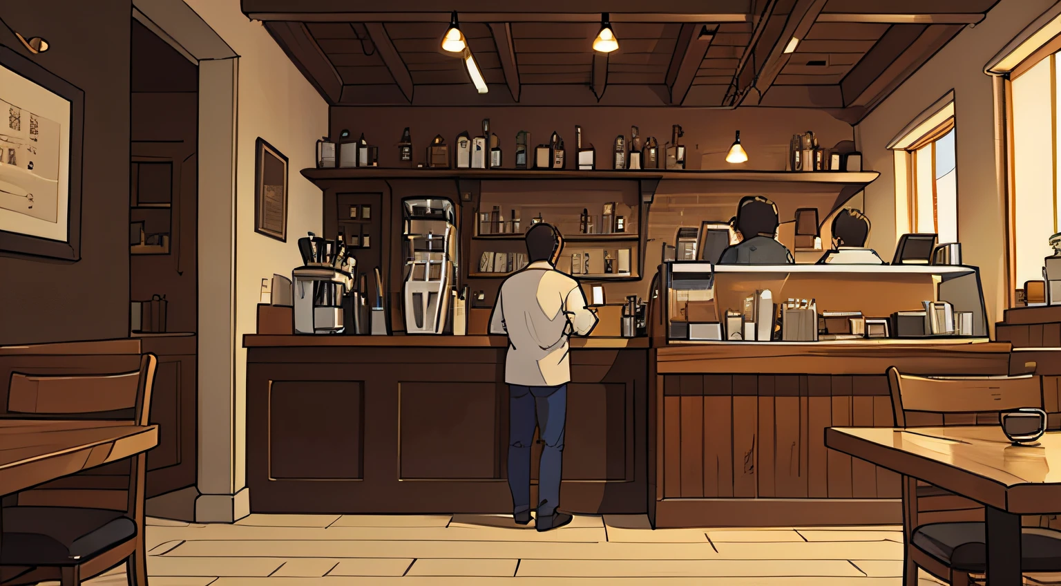 Man studying in a coffee shop、from distance