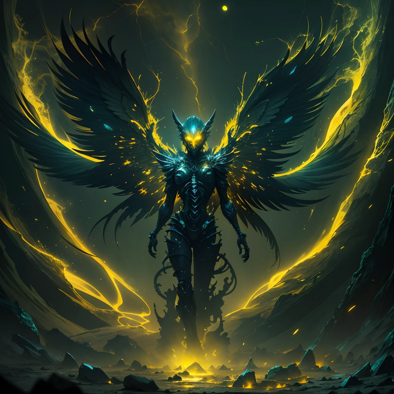cosmic environment, rotten fallen archangel, ((yellow glowy eyes)), biomechanical, eerie, creepy, nightmarish, very bright colors, light particles, bioluminescence, Mschiffer, wallpaper art, UHD wallpaper