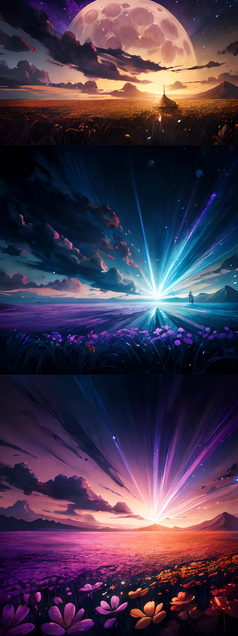 Expansive landscape photograph，（look from down，Above is the sky，Below are open fields），The wizard stands on a field of flowers，looking away up。，sky-high tower，（moon full：1.2），（meteors：0.9），（Starcloud：1.3），Far Mountain, Tree BREAK making art，（Warm light source：1.2），（glowworm：1.2），lamp lights，Lots of purple and orange，Complicated details，Volumetriclighting，Realism BREAK（tmasterpiece：1.2），（best qualtiy），4K，Ultra-detailed，（dynamic compositions：1.4），The is very detailed，Colorful details，（Irridescent color：1.2），（luminouslighting，Atmospheric lighting），dream magical，magical，（独奏：1.2）
