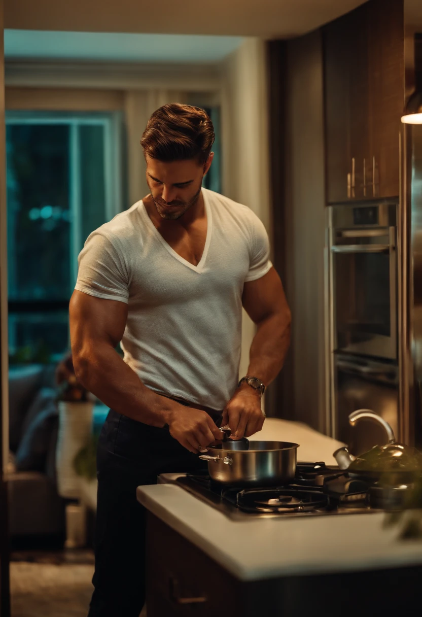 Real image of a Turkish model man with short black hair athletic body, short dark beard, using a white muscle. cooking in the kitchen, window light.