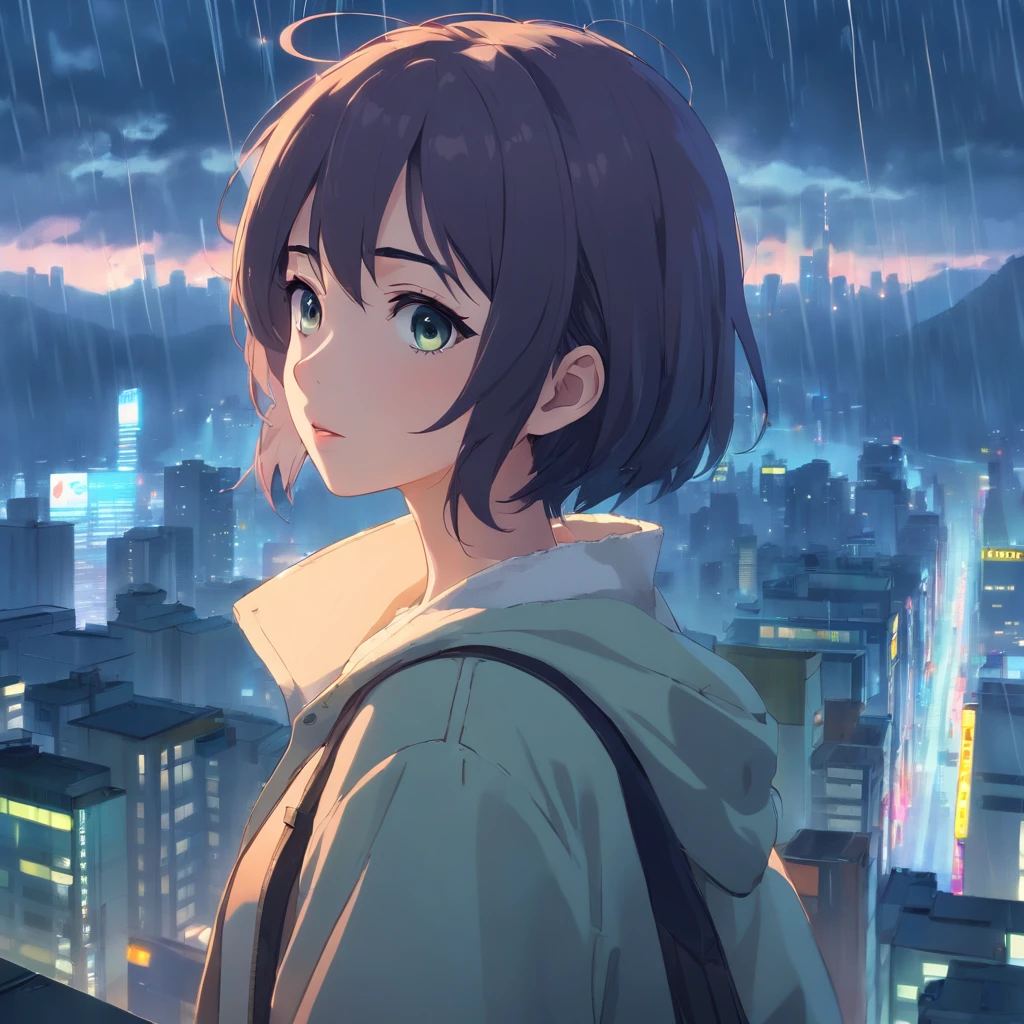 Anime girl smoking in rain, 4K anime wallpaper, Highest quality after rain，There are no girls, anime girl profile, 4k manga wallpapers, Anime wallpaper 4 k, Anime wallpaper 4K, Guviz-style artwork, Badass anime 8 K, Anime art wallpaper 4 K, Anime art wallpaper 4k, rainy evening, Anime art wallpaper 8 K, Very detailed city roof background, Rooftop, Overlooking the city, Detailed face, detailed complex busy background, Messy, Gorgeous, Milky white, Highly detailed skin, Realistic skin details, Visible pores, Clear focus, volume fog, 8K  UHD, Digital SLR, High quality, filmgrain, Fair skin, Photo realism, DL, futuristic dystopian megalopolis, Translucent