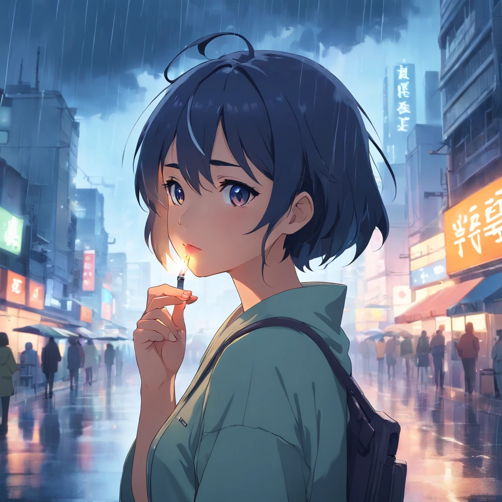 Anime girl smoking in rain, 4K anime wallpaper, Highest quality after rain,There are no girls, anime girl profile, 4k manga wallpapers, Anime wallpaper 4 k, Anime wallpaper 4K, Guviz-style artwork, Badass anime 8 K, Anime art wallpaper 4 K, Anime art wallpaper 4k, rainy evening, Anime art wallpaper 8 K, Very detailed city roof background, Rooftop, Overlooking the city, Detailed face, detailed complex busy background, Messy, Gorgeous, Milky white, Highly detailed skin, Realistic skin details, Visible pores, Clear focus, volume fog, 8K UHD, Digital SLR, High quality, filmgrain, Fair skin, Photo realism, DL, futuristic dystopian megalopolis, Translucent
