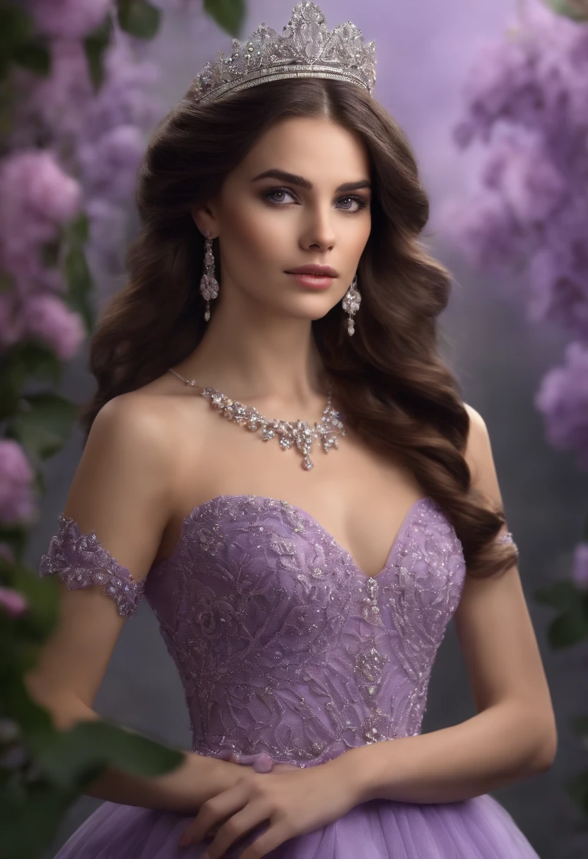 A brunette princess dressed in a lilac dress with a diadem encrusted with ARSTATION 4K jewelry of the best quality