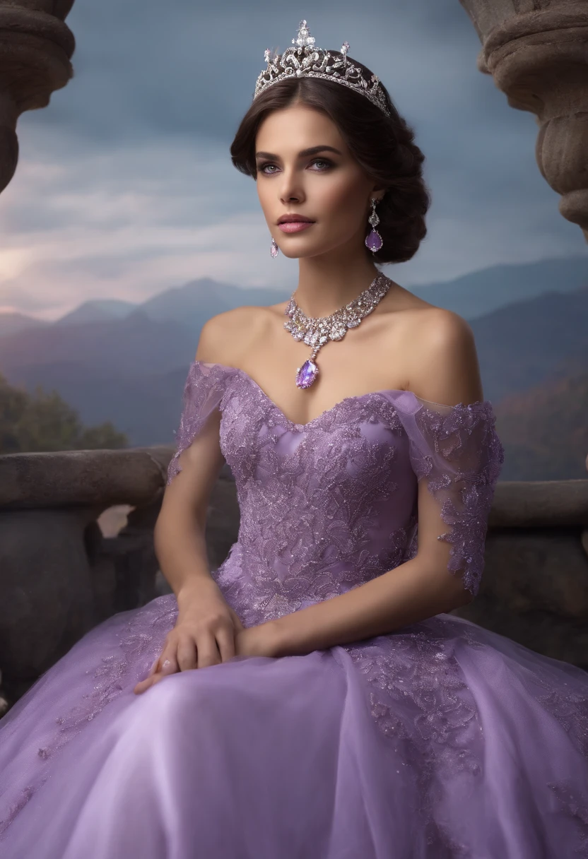 Arapefi, Purple princess dress, Look up at the camera, wearing high heels,Place your hands on your chest,Wear a crown,choker necklace,mouth opening,Close up from above,next to a window, In the castle, Sense of transparency,(oversized boobs,1.5),Expose cleavage,Turn around and look at the camera,tmasterpiece,Flawless,Sense of transparency,Empty inspiration,More details and decoration,Exposing thighs,8K,(Wear decorations such as rings,1.9),White-colored skin,Ornate ornament,White waist stockings,one-girl,(Dissection is correct,PremiumQuality, high detal, Masterpiece)