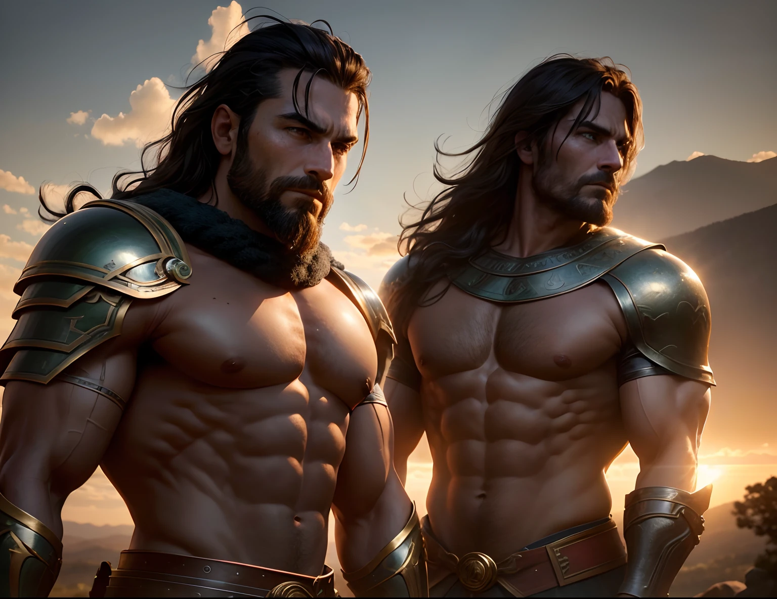 (best quality,4k,8k,highres,masterpiece:1.2),ultra-detailed,(realistic,photorealistic,photo-realistic:1.37),HDR,UHD,studio lighting,ultra-fine painting,sharp focus,physically-based rendering,extreme detail description,professional,vivid colors,bokeh,landscape,two muscular men with armour on standing on top of a hill overlooking Sparta, intense gaze,strong and defined muscles,side by side,green grassy hill,clear blue sky,ancient Greek city in the distance,dramatic lighting casting strong shadows on their bodies,glowing sunset horizon,deep breath before battle,warrior spirit,historical epic atmosphere
