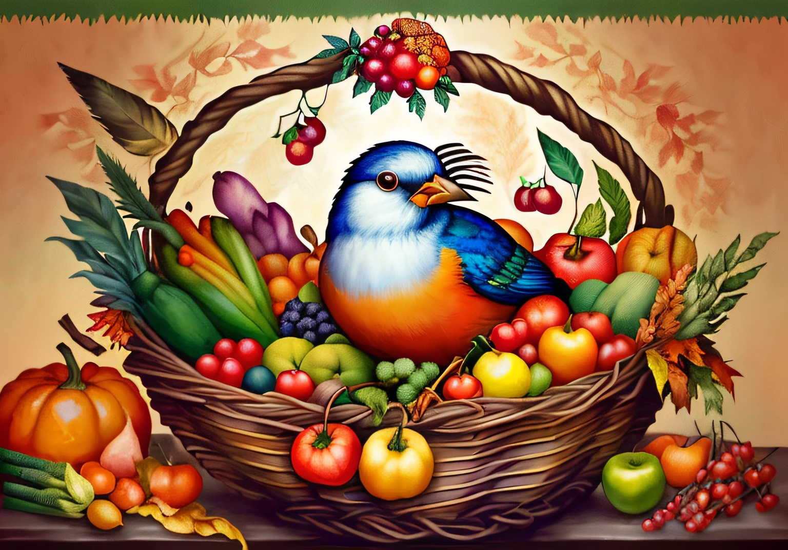 painting of a bird sitting on a basket of fruit and vegetables, harvest fall vibrance, cornucopia, harvest fall vibrancy, harvest, the goddess of autumn harvest, by Carol Bove, fruit and feathers, julie dillon, by David G. Sorensen, by Virginia Lee Burton, by Susan Crile, inspired by Fern Coppedge, courful illustration