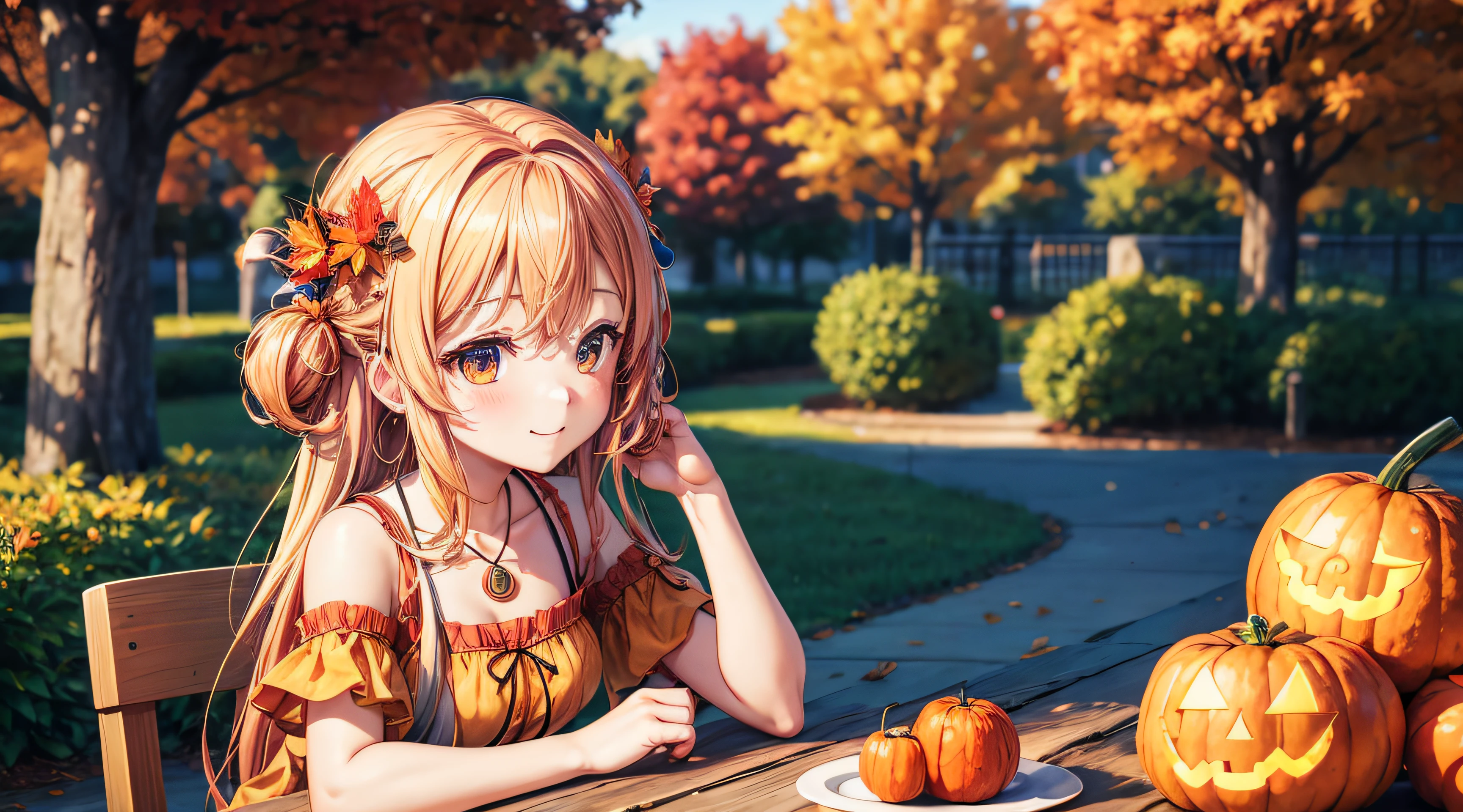 anime girl with pumpkins and tomatoes on a table in the park, the goddess of the autumn harvest, 🍁 cute, ❤🔥🍄🌪, loli, 🍂 cute, goddess of autumn, anime food, kawai, official art, seasons!! : 🌸 ☀ 🍂 ❄, high-quality anime art style, sakimichan, realistic anime 3 d style, official artwork