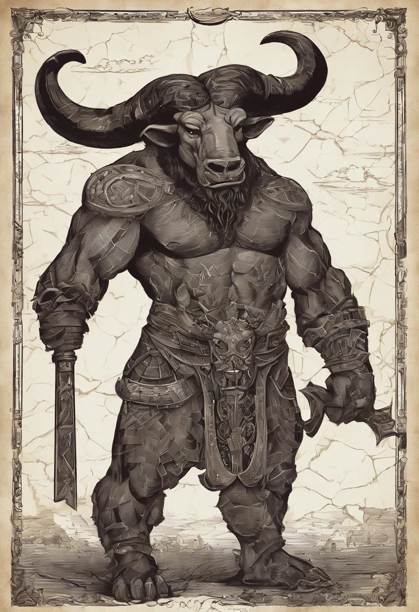 The Minotaur is a creature from Greek mythology that combines human and taurine characteristics.. Its history is linked to the labyrinth of Crete and King Minos. Here's a detailed description of a typical Minotaur:

**Cuerpo:** El Minotauro es una criatura imponente y aterradora. Su cuerpo es el de un humano de gran corpulencia desde la cabeza hasta la cintura, pero desde la cintura hacia abajo, su forma se asemeja a la de un toro. Su piel puede variar en tonalidades, but he is often depicted with a dark, rough coat on the taurine part of his body..

**Cabeza:** La cabeza del Minotauro es la de un toro, con cuernos curvados y afilados que sobresalen de su frente. His eyes are dark and express ferocity and confusion., reflejando su naturaleza mitad humana, mitad animal. Your mouth is full of sharp teeth, which adds to its menacing appearance.

**Fuerza y musculatura:** The Minotaur is known for its strength and imposing musculature. Su parte humana tiene un torso robusto y poderoso, mientras que su parte taurina cuenta con patas fuertes y musculosas que le permiten moverse con agilidad y velocidad.

**Comportamiento:** El Minotauro se considera una criatura feroz y salvaje, feeding on fresh meat. Because of its origin and its seclusion in the labyrinth, a menudo se le representa como una criatura solitaria y atormentada.

**Laberinto de Creta:** The most famous story of the Minotaur relates it to the labyrinth of Crete, an elaborate construction designed by the architect Daedalus. Fue encerrado en este laberinto como castigo por sus acciones violentas, and the intrepid adventurers, como Teseo, se aventuraron a enfrentarlo y tratar de escapar de este laberinto mortal.

The Minotaur is a symbol of Greek mythology that represents duality and the struggle between human and animal nature., as well as divine punishment for arrogance and violence. His image has endured throughout history and remains an iconic element