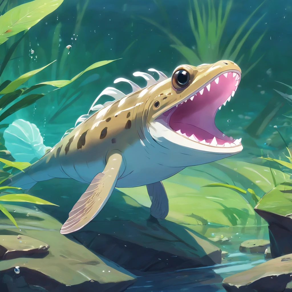 Giant mudskipper with ghostly white scales,sewage,variation, Fierce fangs, and a long pink tongue, Masterpiece, Best quality,8K