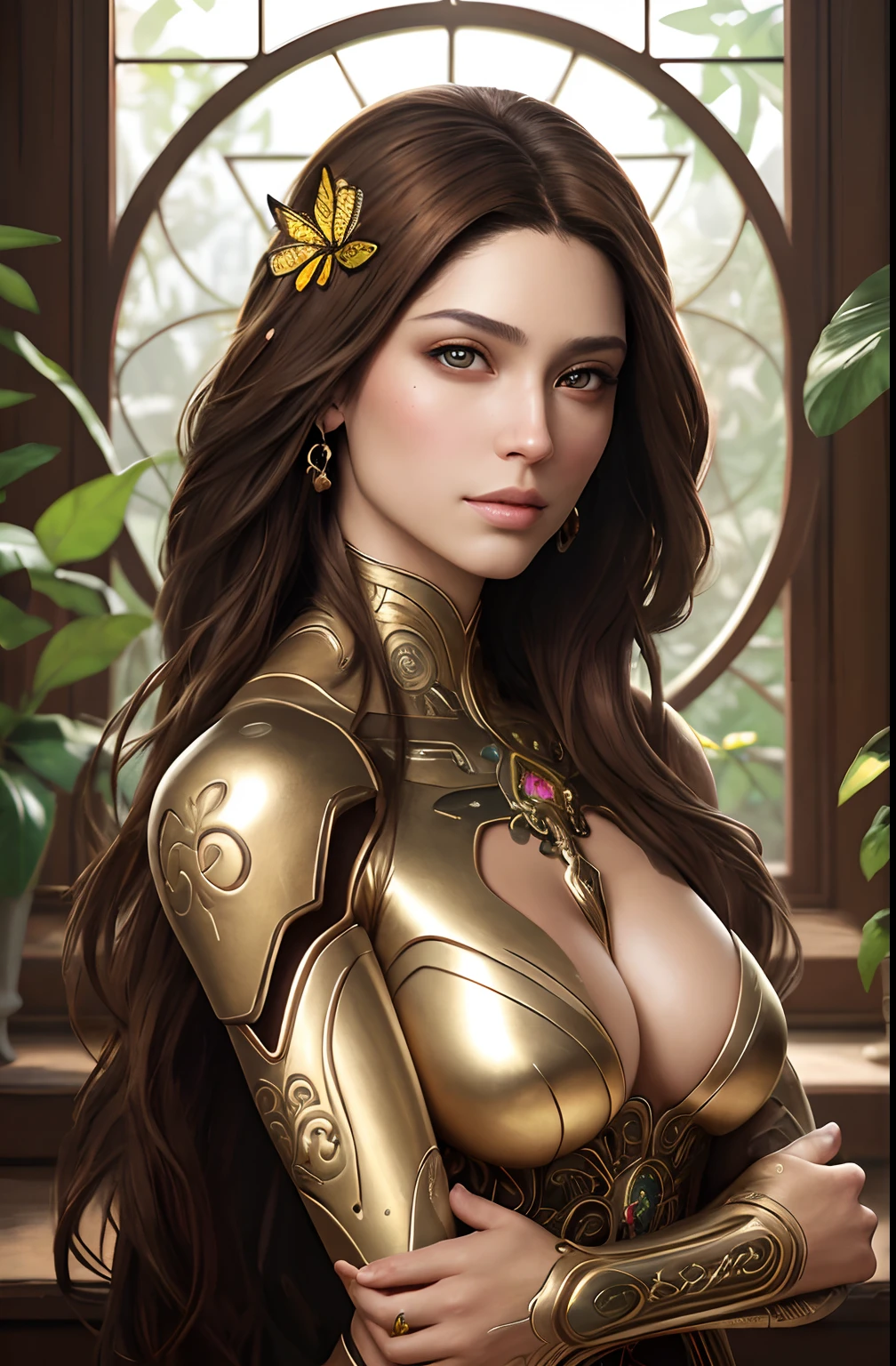 8k portrait of beautiful cyborg with brown hair, intrincado, elegante, Altamente detallado, majestuoso, digital photography, Arte de Artgerm y Ruan Jia y Greg Rutkowski pintura surrealista filigrana mariposa dorada, vidrios rotos, (Obra maestra, sidelit, Hermosos ojos finamente detallados: 1.2), HDR, (Detailed background window to a new dimension, Plantas y flores:0.7) infinidad, infinite symbol,