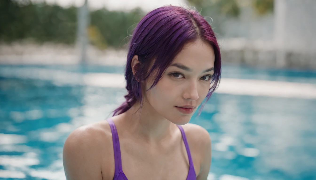 swim wears,Colorful one-piece swimsuit,Pool,Purple colored hair,youthfulness,Ripples