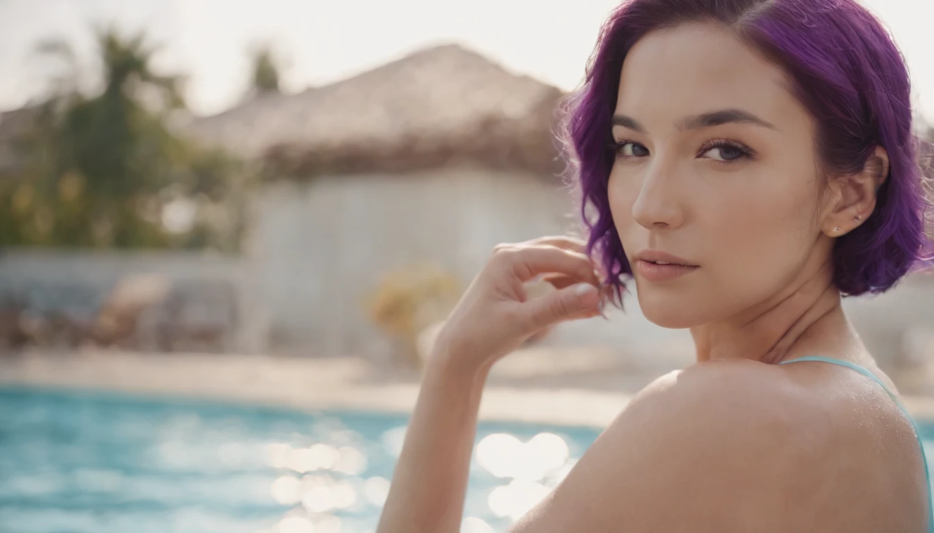 swim wears,Colorful one-piece swimsuit,Pool,Purple colored hair,youthfulness,Ripples