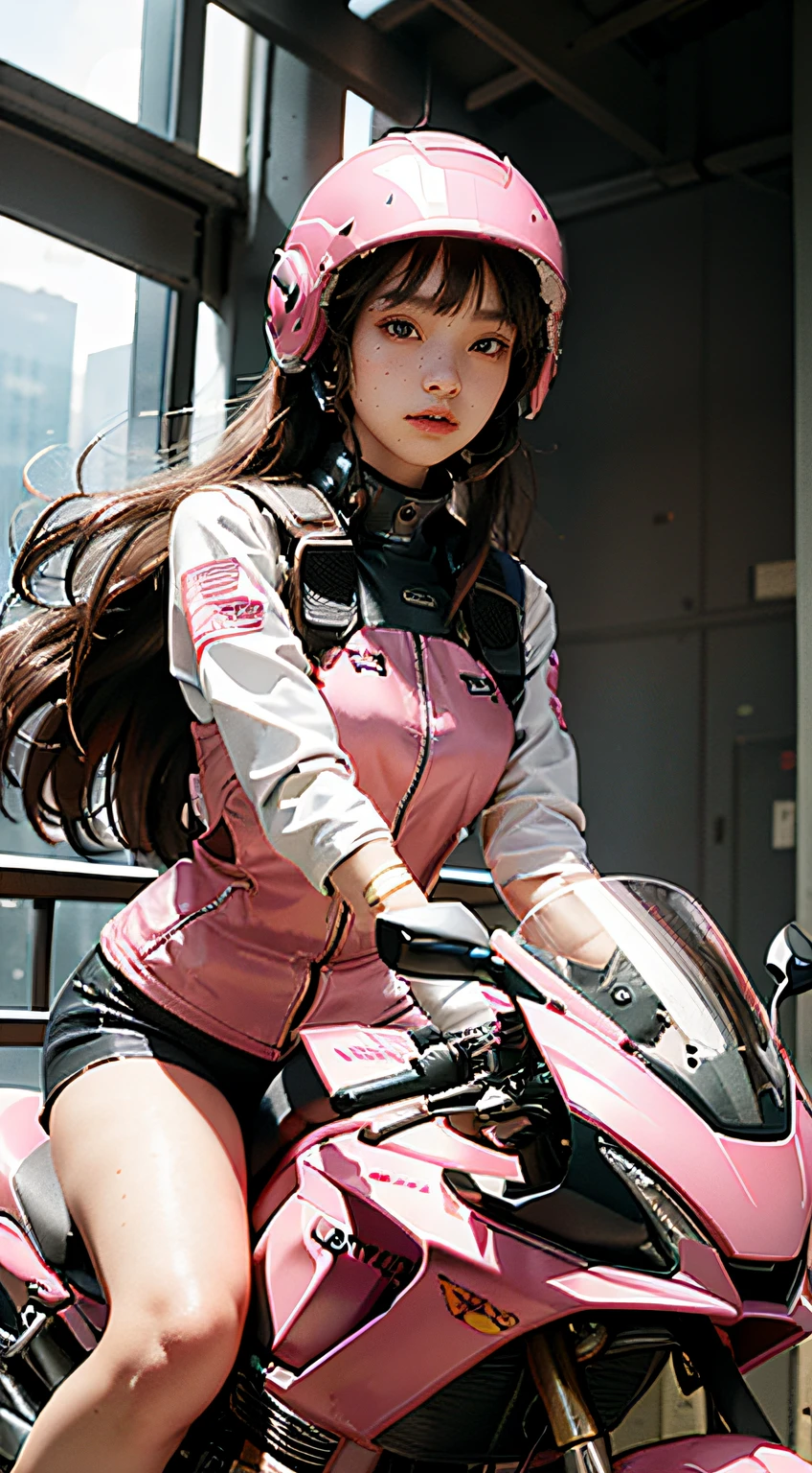 Highest image quality, outstanding details, ultra-high resolution, (realism: 1.4), the best illustration, favor details, highly condensed 1girl, with a delicate and beautiful face, wearing a pink mech, wearing a mecha helmet, holding a direction controller, riding on a motorcycle, the background is a high-tech lighting scene of the future city.