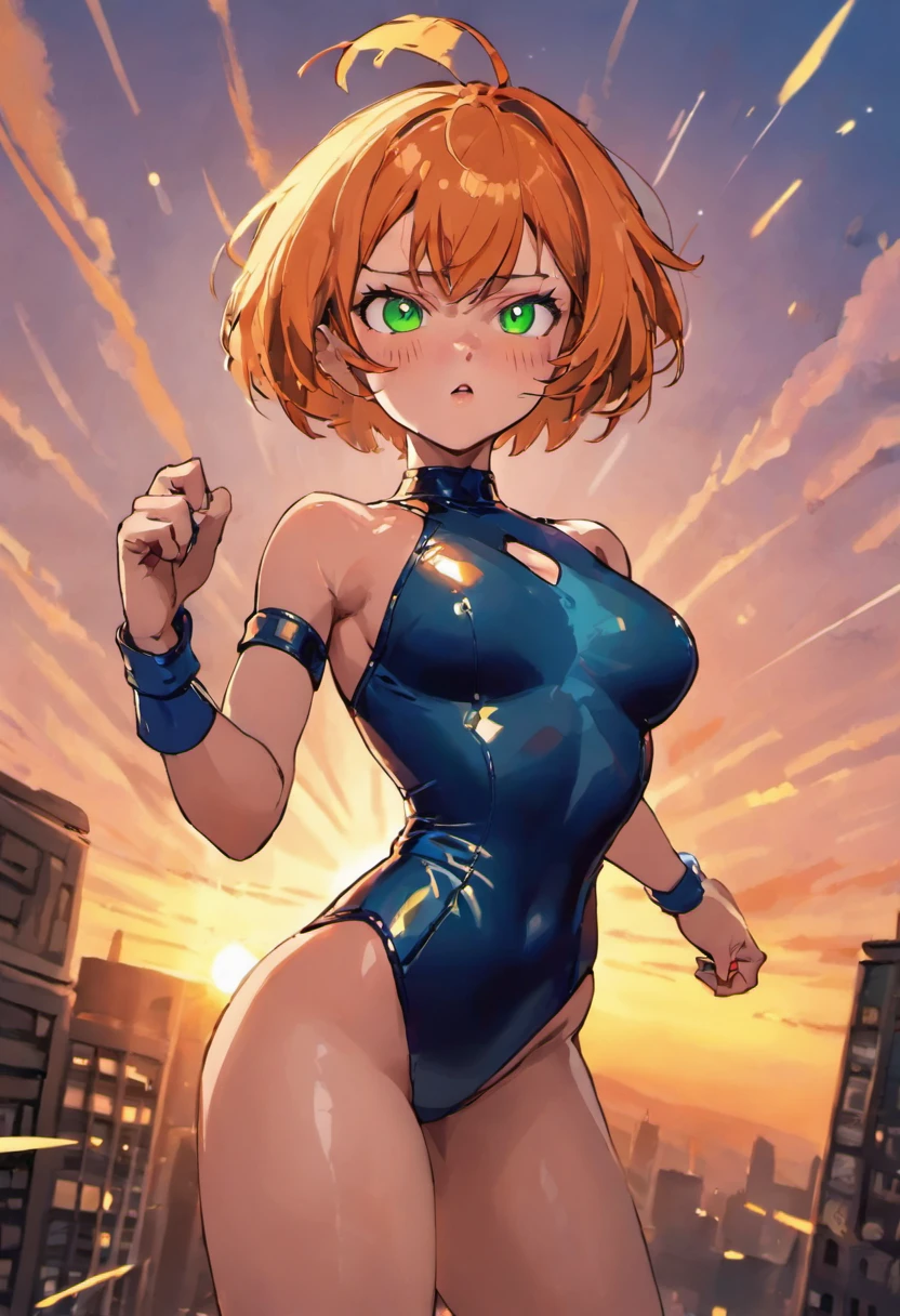 1girl, short orange hair, green eyes, freckles, big breasts, wearing blue leotard, black leather pants, sunset, absurdres, high res, ultrasharp, 8K, masterpiece, looking at the sky