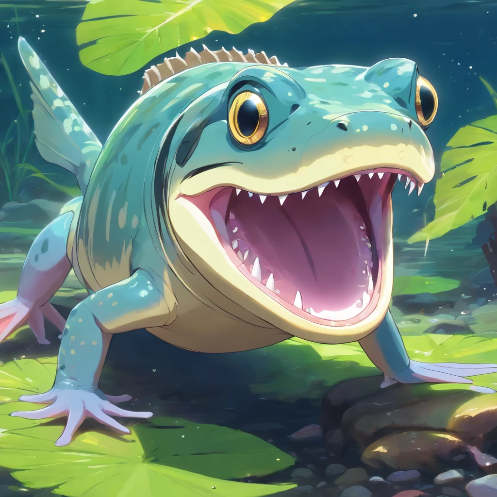 Giant mudskipper with ghostly white scales,sewage,variation, Fierce fangs, and a long pink tongue, Masterpiece, Best quality,8K