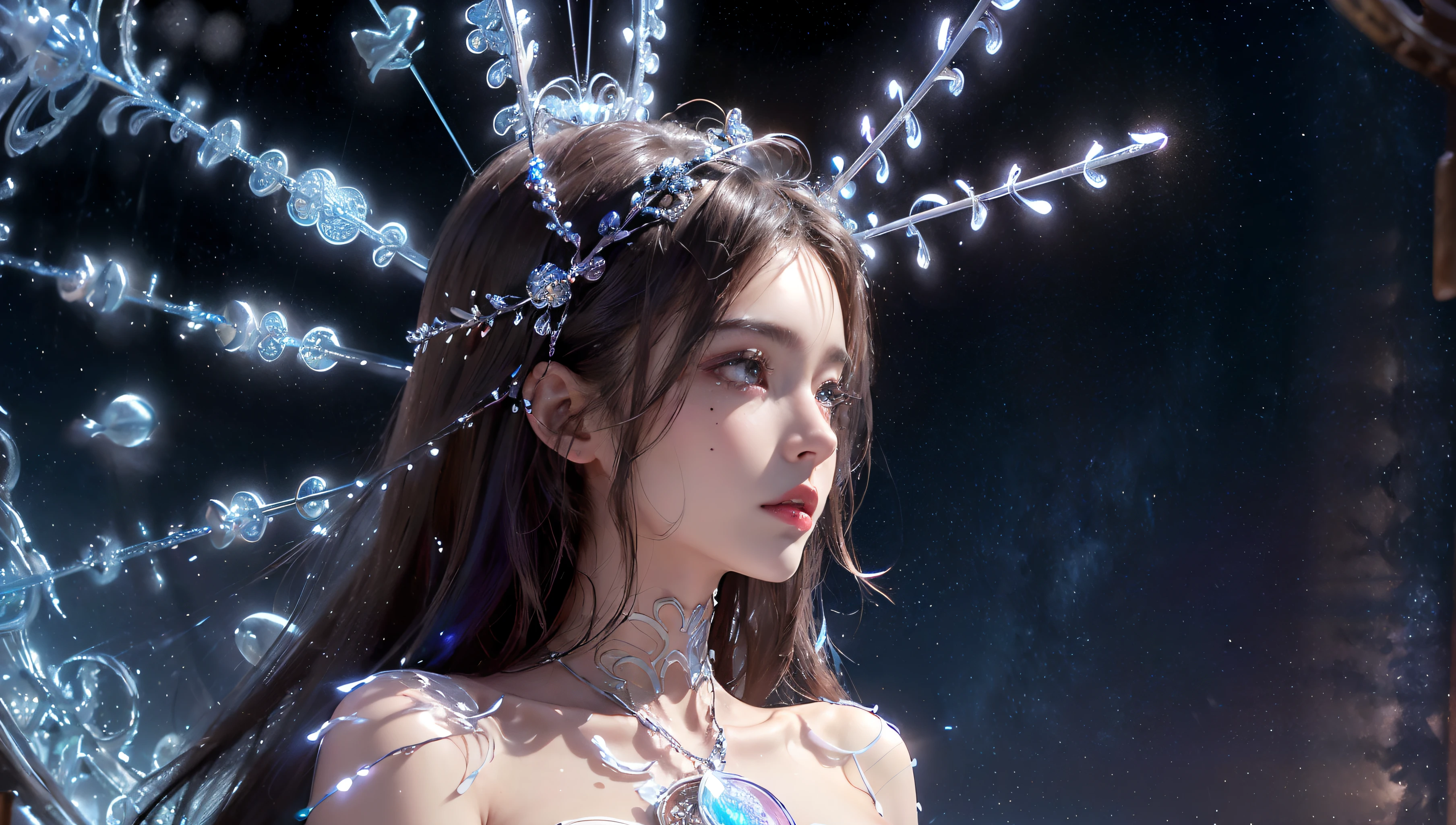 naked photo, 20 yo european female as ((goddess)) looking up at the sky, (dark brown ponytail hair, almond eyes, brown large eyes, small face, cute face, mole under mouth, Indecent crest), masterpiece, best quality, intricate details, full body, portrait, bokeh, (fair skin, pale skin, real skin, high detailed skin texture, abs, saggy boobs, huge breast, slim body, skinny, very thin waist), (exposed naked breast, bio mechanized endoskeleton transparent body with intricate details Rainbow Neon lighting pattern, with angel wings), (((night view, snow, reflection, holding A large magic wand with intricate decorations, large Magic Circle at sky, magic spells))), (in full color space universe background, milky way)