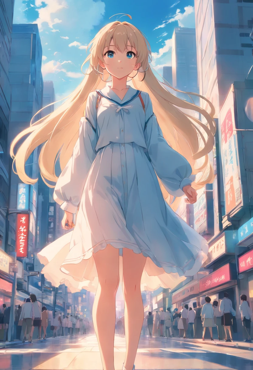 Masterpiece，long whitr hair，extremely hyper，A giantess，In the city，Full limbs，Huge maiden，The face is delicate，White color hair，Double ponytail curls，blue color eyes，White ta，Long-range shots