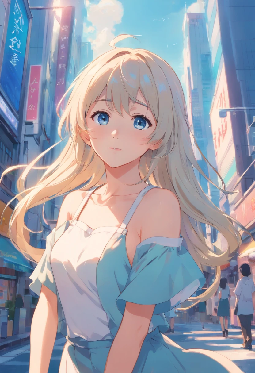 Masterpiece，long whitr hair，extremely hyper，A giantess，In the city，Full limbs，Huge maiden，The face is delicate，White color hair，Double ponytail curls，blue color eyes，White ta，Long-range shots