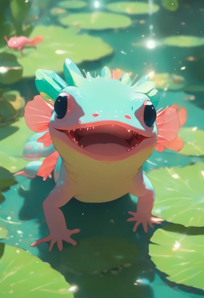 Best quality,Ultra-detailed,Realistic,(axolotl),([sunglasses]),(Cool),(Cute),(hang out),(lily pad),(Vivid colors),(Portrait),(summery vibe),High-res,Sharp focus,Happy expression,relaxed posture,Natural lighting