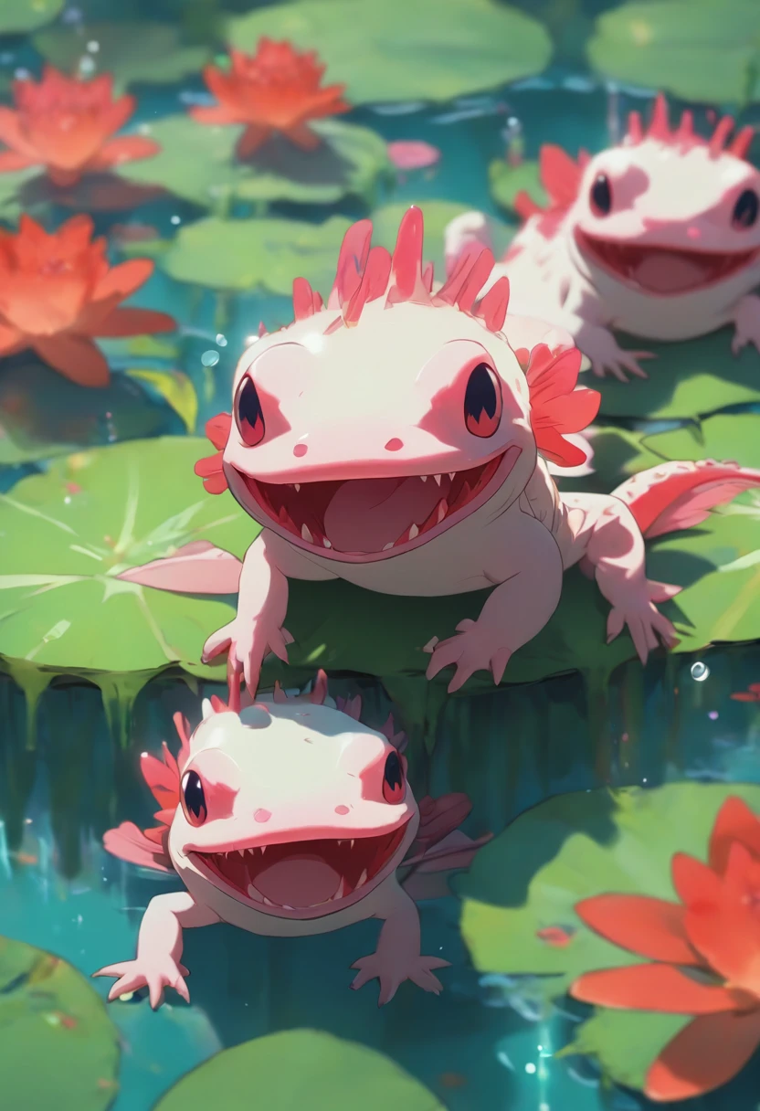 Best quality,Ultra-detailed,Realistic,(axolotl),([sunglasses]),(Cool),(Cute),(hang out),(lily pad),(Vivid colors),(Portrait),(summery vibe),High-res,Sharp focus,Happy expression,relaxed posture,Natural lighting