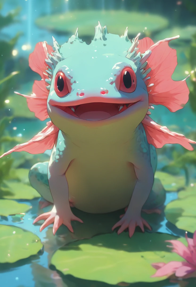 Best quality,Ultra-detailed,Realistic,(axolotl),([sunglasses]),(Cool),(Cute),(hang out),(lily pad),(Vivid colors),(Portrait),(summery vibe),High-res,Sharp focus,Happy expression,relaxed posture,Natural lighting