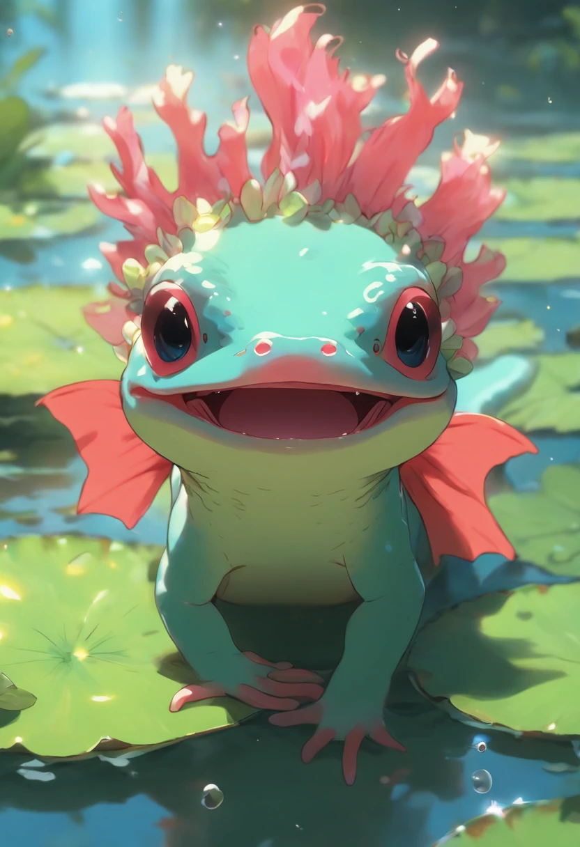 Best quality,Ultra-detailed,Realistic,(axolotl),([sunglasses]),(Cool),(Cute),(hang out),(lily pad),(Vivid colors),(Portrait),(summery vibe),High-res,Sharp focus,Happy expression,relaxed posture,Natural lighting