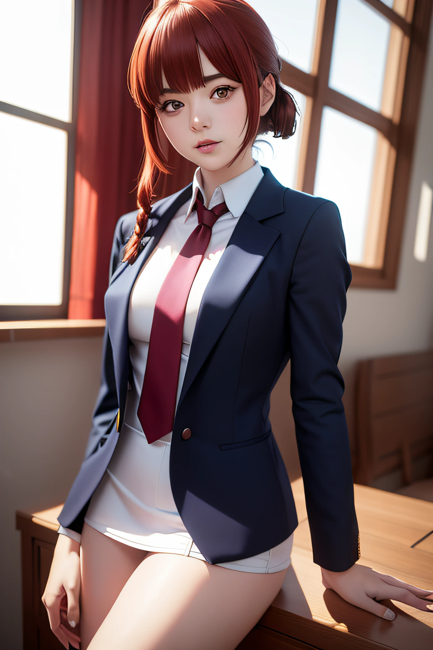 Hay una mujer con el pelo rojo y una corbata azul, Colegiala hiperrealista, Colegiala realista, Una colegiala hiperrealista, Render fotorrealista de Anime Girl, Anime CG arte suave, Ropa de oficina, Estilo realista de anime 3D, Usar un traje de negocios estricto, Anime 3D realista, highly detailed character, [ Fotorrealismo 4K ]!!