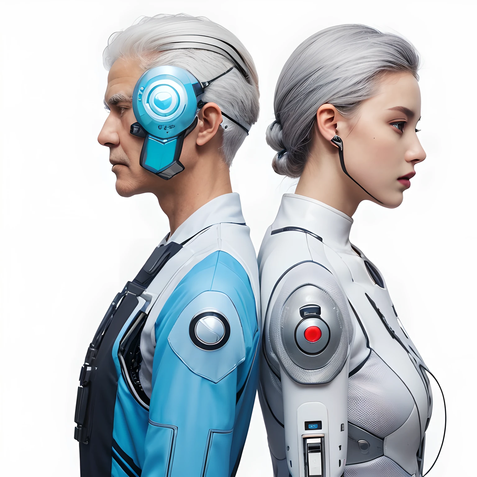 An old man with gray hair and a young woman stand back to back, with futuristic wearable gadgets, Futuristic clothes, Cybernetic clothing, photo realism, 4k, intricate design, hyper realistic, high definition, Extremely detailed, Dark softbox image, ray traced, Cinematic, HDR, Photorealistic