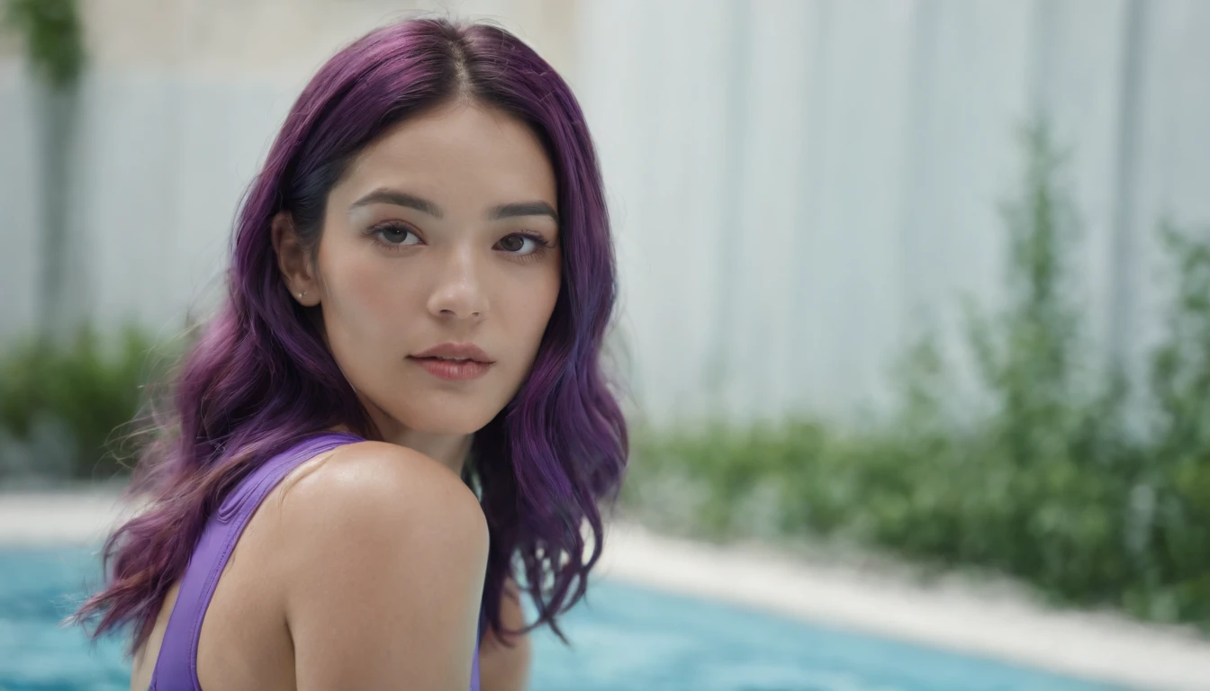 swim wears，Colorful one-piece swimsuit，pool，Purple colored hair，youthfulness，Ripples