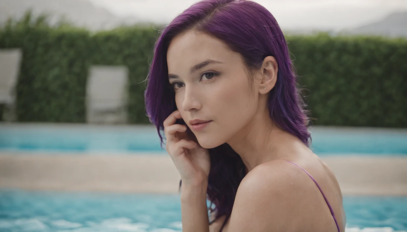 swim wears，Colorful one-piece swimsuit，pool，Purple colored hair，youthfulness，Ripples