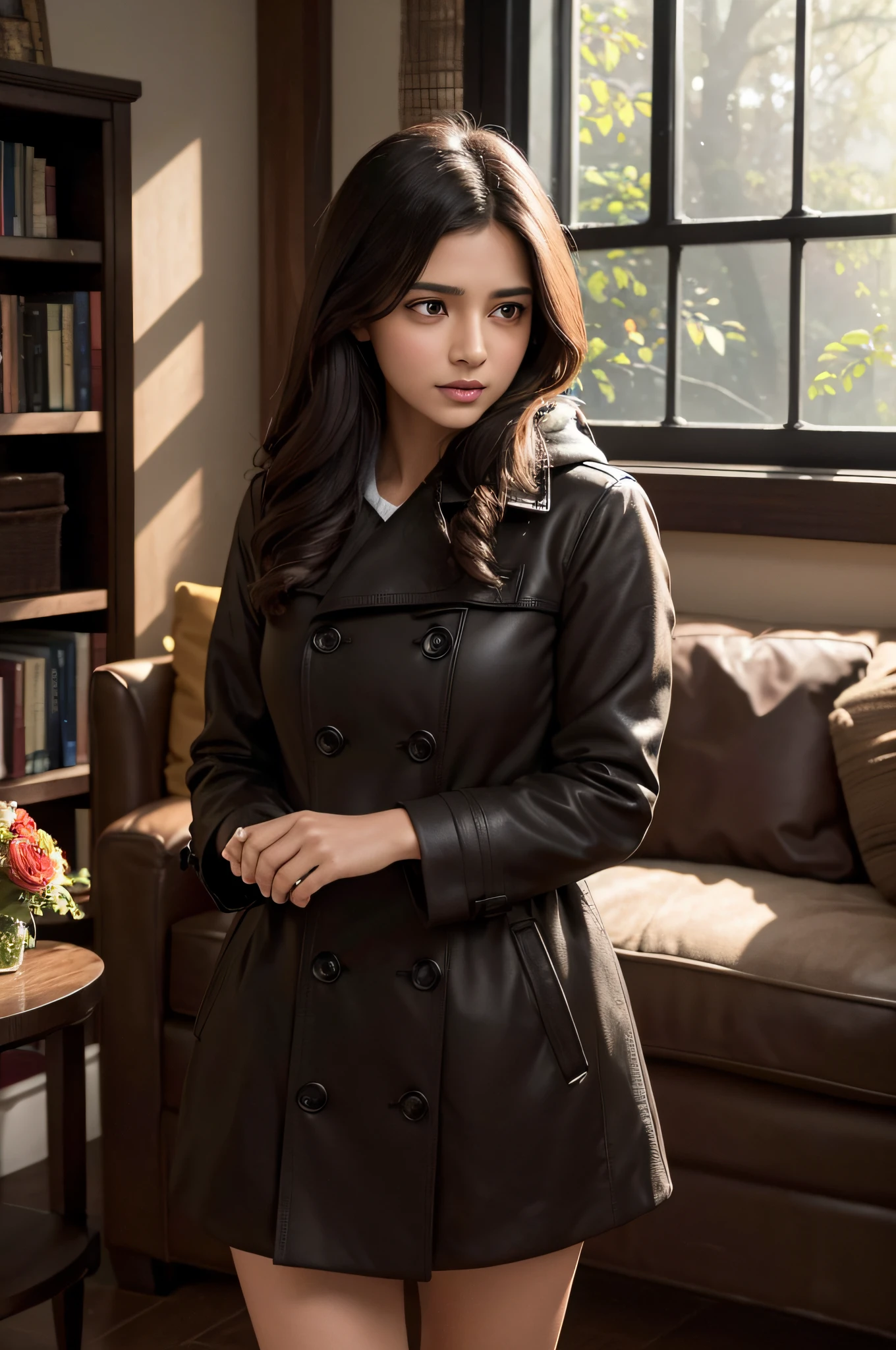 A Indian girl with shoulder-length brown hair and amber eyes, Wears a black trench coat with a hood, Brown stockings, and black knee-length boots, standing in living room. (Best quality,4K,8K,A high resolution,Masterpiece:1.2), Ultra-detailed, (Realistic,Photorealistic,photo-realistic:1.37), hdr, hyper HD, Studio lighting, Extreme detail description, professional, Vivid colors, Bokeh, sportrait, comfortable atmosphere, Warm color tones, Soft natural lighting, vintage decor, Comfortable sofa, wooden coffee table, Bookshelves for books and plants, Natural sunlight through the windows.