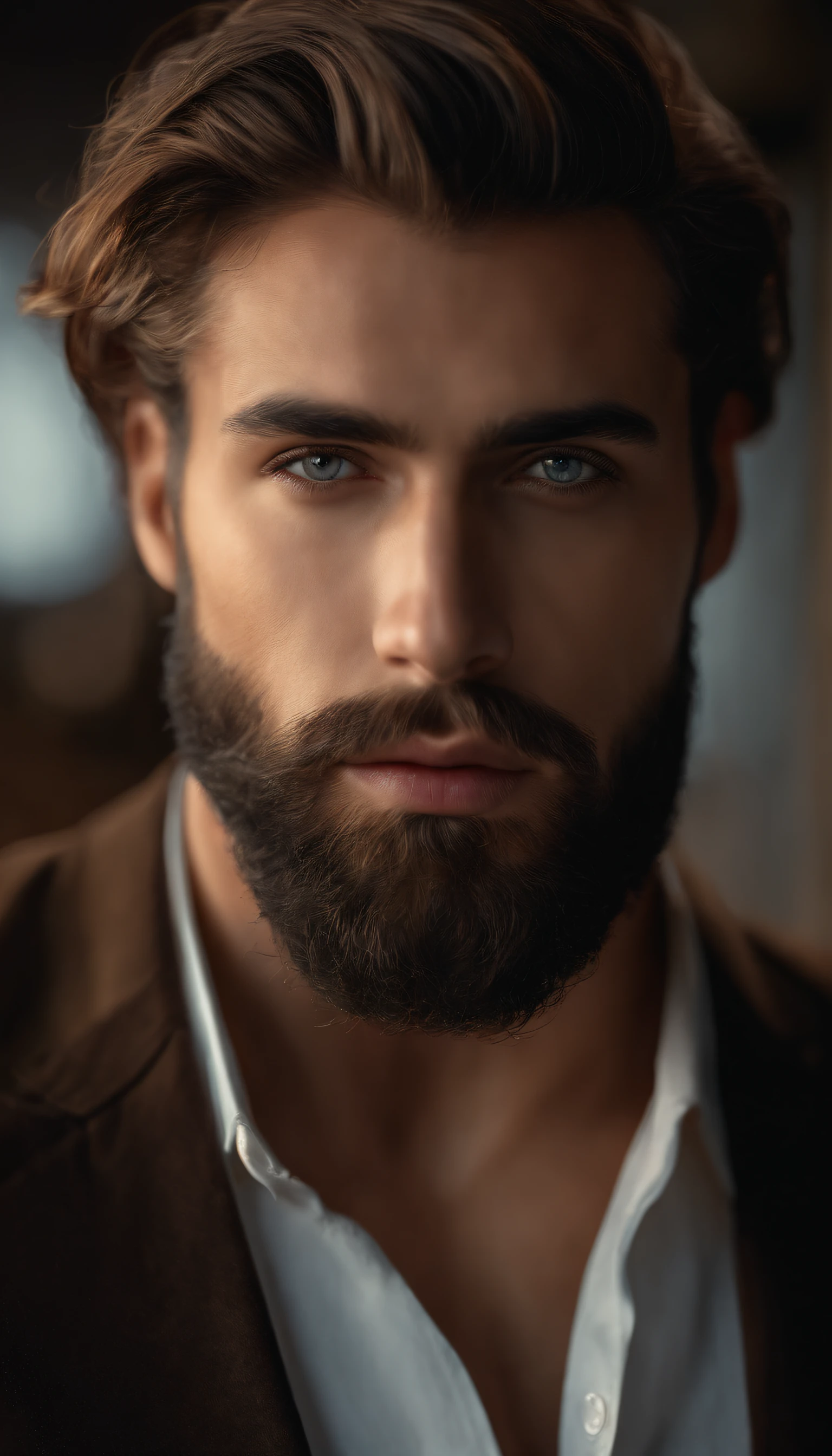 (best quality,4k,8k,highres,masterpiece:1.2),ultra-detailed,(realistic,photorealistic,photo-realistic:1.37),male,26-year-old man,detailed beard,piercing gaze at the camera,beautiful eyes,expressive eyes,natural sunlight,subtle shadows,strong jawline,intense stare,dark hair,elegant pose,confident expression,studio lighting,crisp focus,vivid colors,bokeh,portrait photography