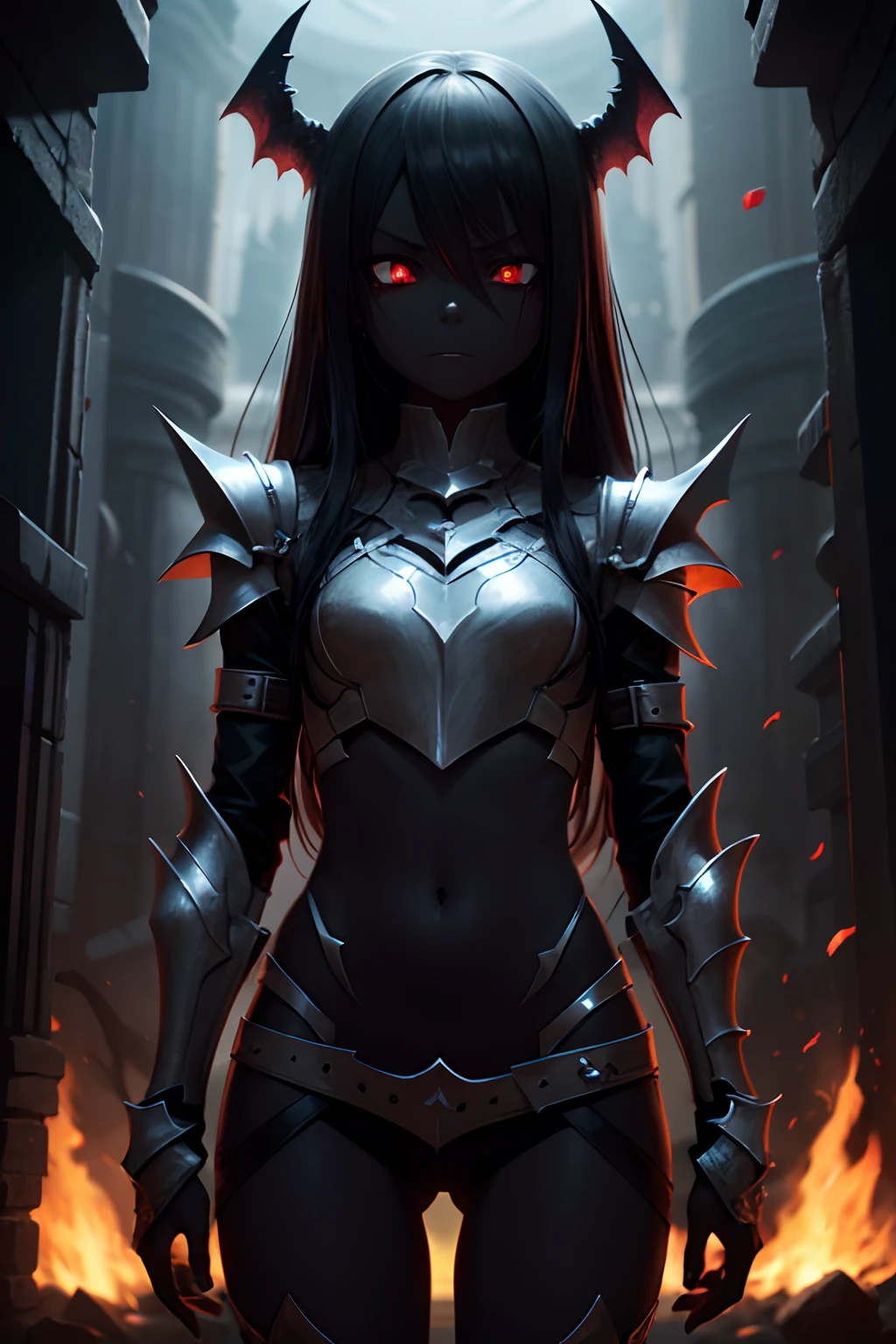 1 girl, black skin tone, petite, small chest, futuristic armor, black eyes, Evil Aura, Cursed Armor, cursed girl, Scary face