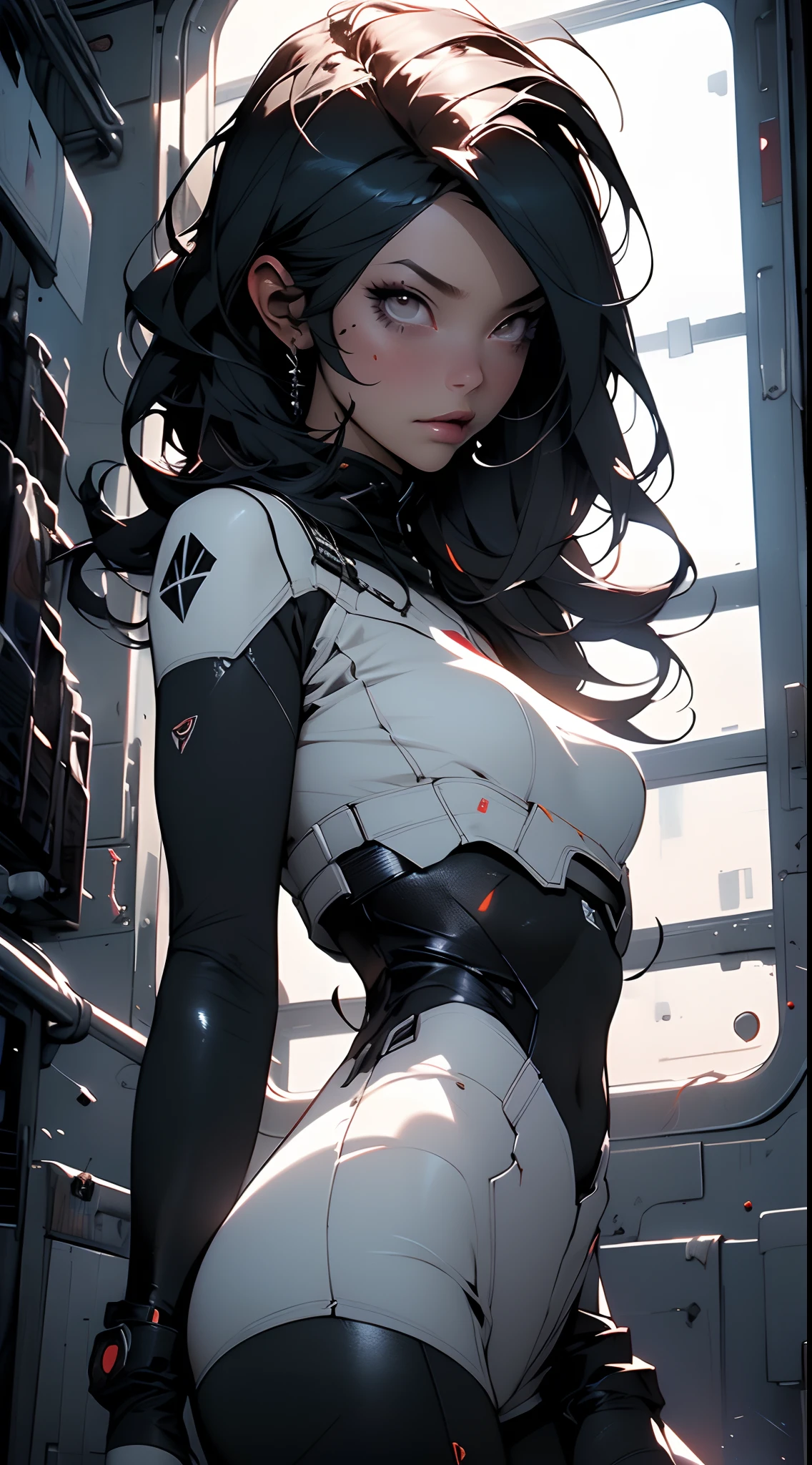 (Best Quality), ((Masterpiece), (Detail: 1.4), 3D, A Beautiful Cyberpunk Woman, HDR (High Dynamic Range), Yong White Woman, Clean Face, Sensual Pose, Shiny Skin, High Contrast, Short Colored Mohawk Hair, Ray Graphics by Clothing, On A Lunar Station, Ships Can Be Seen Through The Large Window, Satin Apparel, Ray Tracing, NVIDIA RTX, Super-Resolution, Unreal 5, Subsurface Scattering, PBR Textures,  Post-Processing, Anisotropic Filtering, Depth of Field, Maximum Sharpness and Sharpening, Multilayer Textures, Albedo and Enhancement Maps, Surface Shading, Accurate simulation of light-material interactions, perfect proportions, Octane Render, Two-color light, large aperture, low ISO, white balance, rule of thirds, 8K RAW,