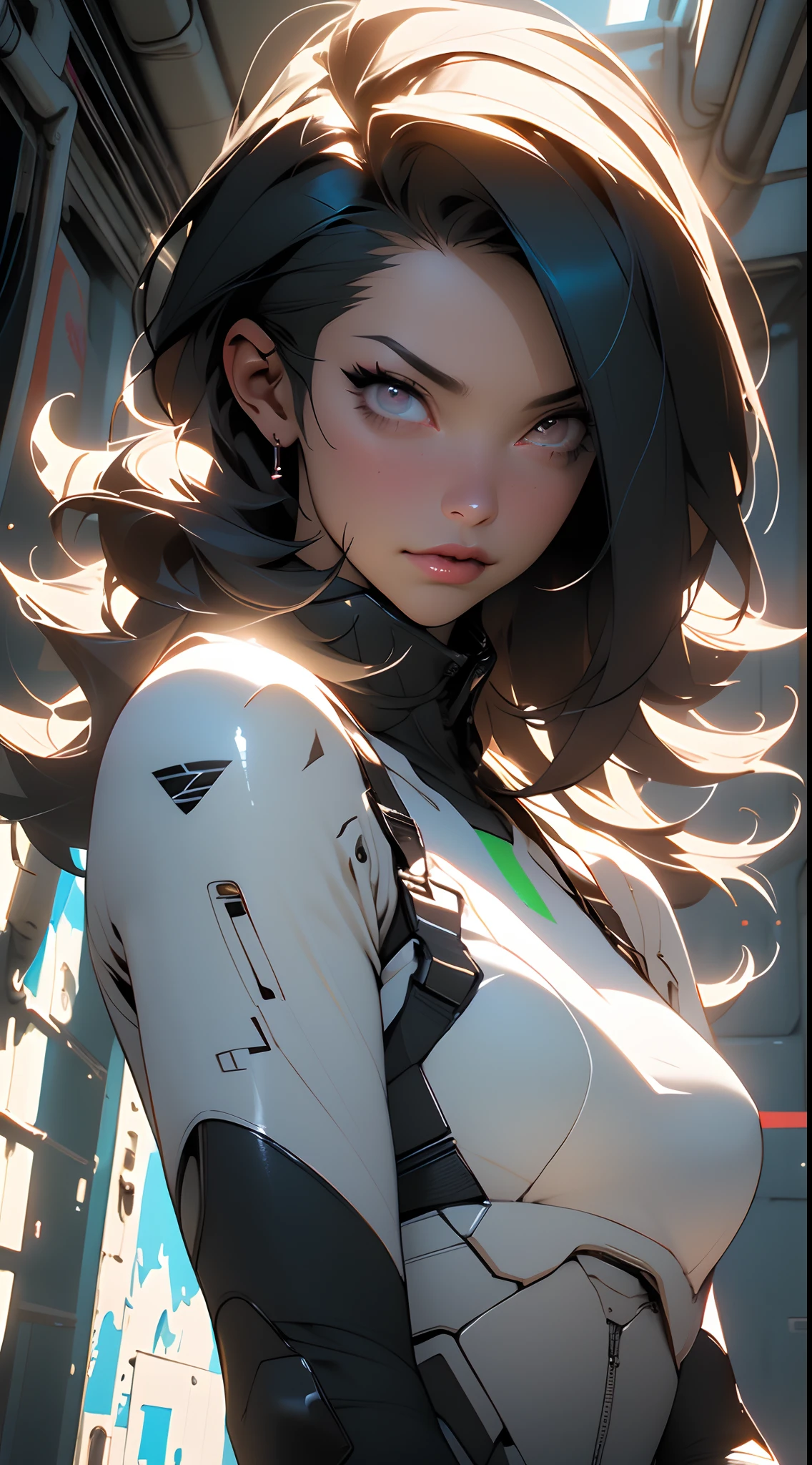 (Best Quality), ((Masterpiece), (Detail: 1.4), 3D, A Beautiful Cyberpunk Woman, HDR (High Dynamic Range), Yong White Woman, Clean Face, Sensual Pose, Shiny Skin, High Contrast, Short Colored Mohawk Hair, Ray Graphics by Clothing, On A Lunar Station, Ships Can Be Seen Through The Large Window, Satin Apparel, Ray Tracing, NVIDIA RTX, Super-Resolution, Unreal 5, Subsurface Scattering, PBR Textures, Post-Processing, Anisotropic Filtering, Depth of Field, Maximum Sharpness and Sharpening, Multilayer Textures, Albedo and Enhancement Maps, Surface Shading, Accurate simulation of light-material interactions, perfect proportions, Octane Render, Two-color light, large aperture, low ISO, white balance, rule of thirds, 8K RAW,