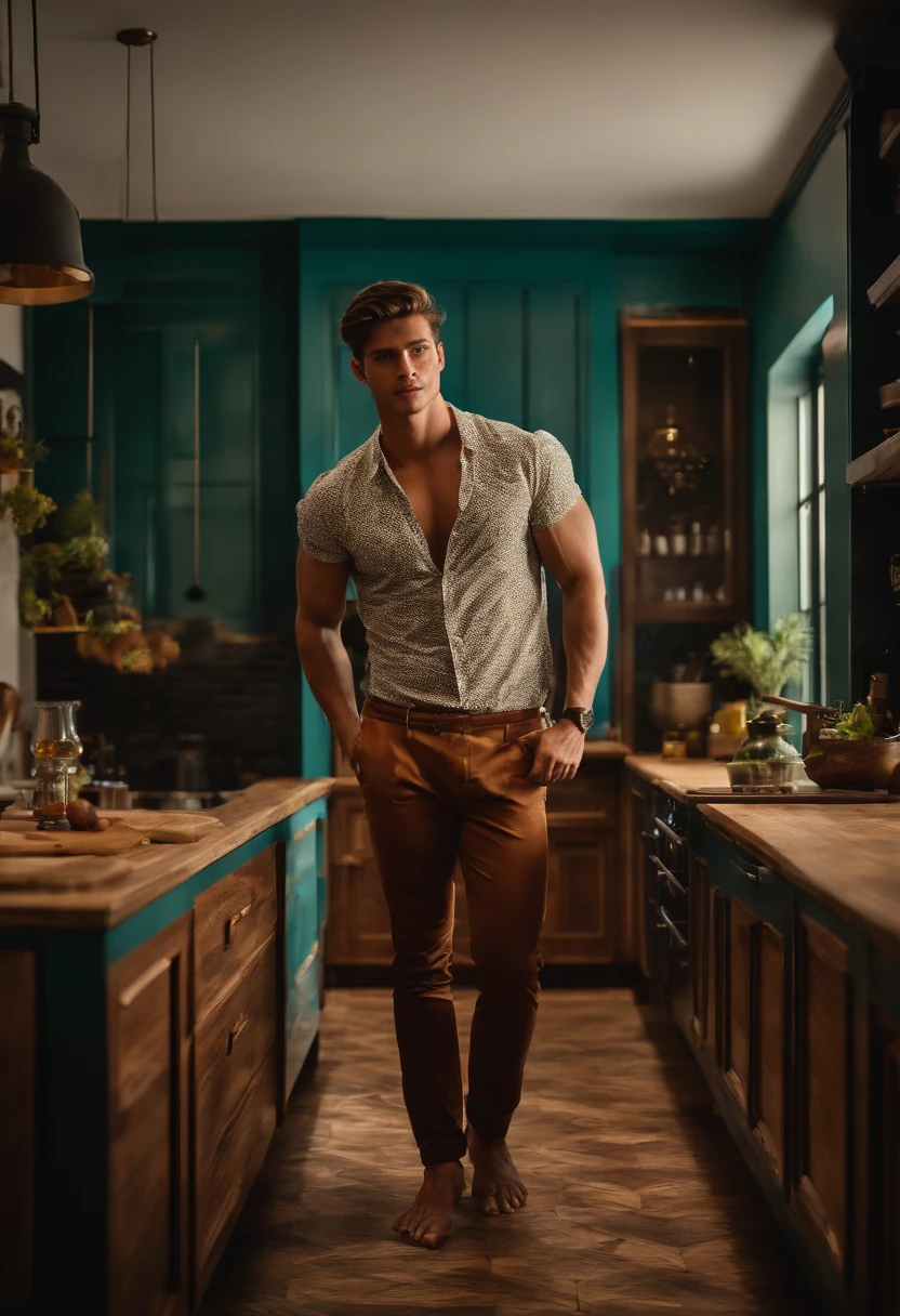 Homem jovem loiro, enfatizar sem camisa. Scenery must be cooking, em uma cozinha de luxo.